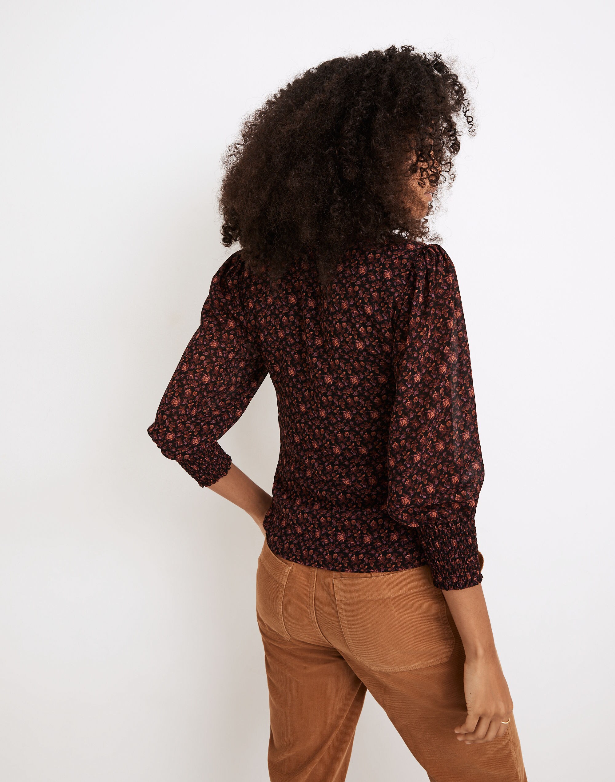 (Re)sourced Georgette Smocked-Cuff Button-Front Top in Orchard Floral