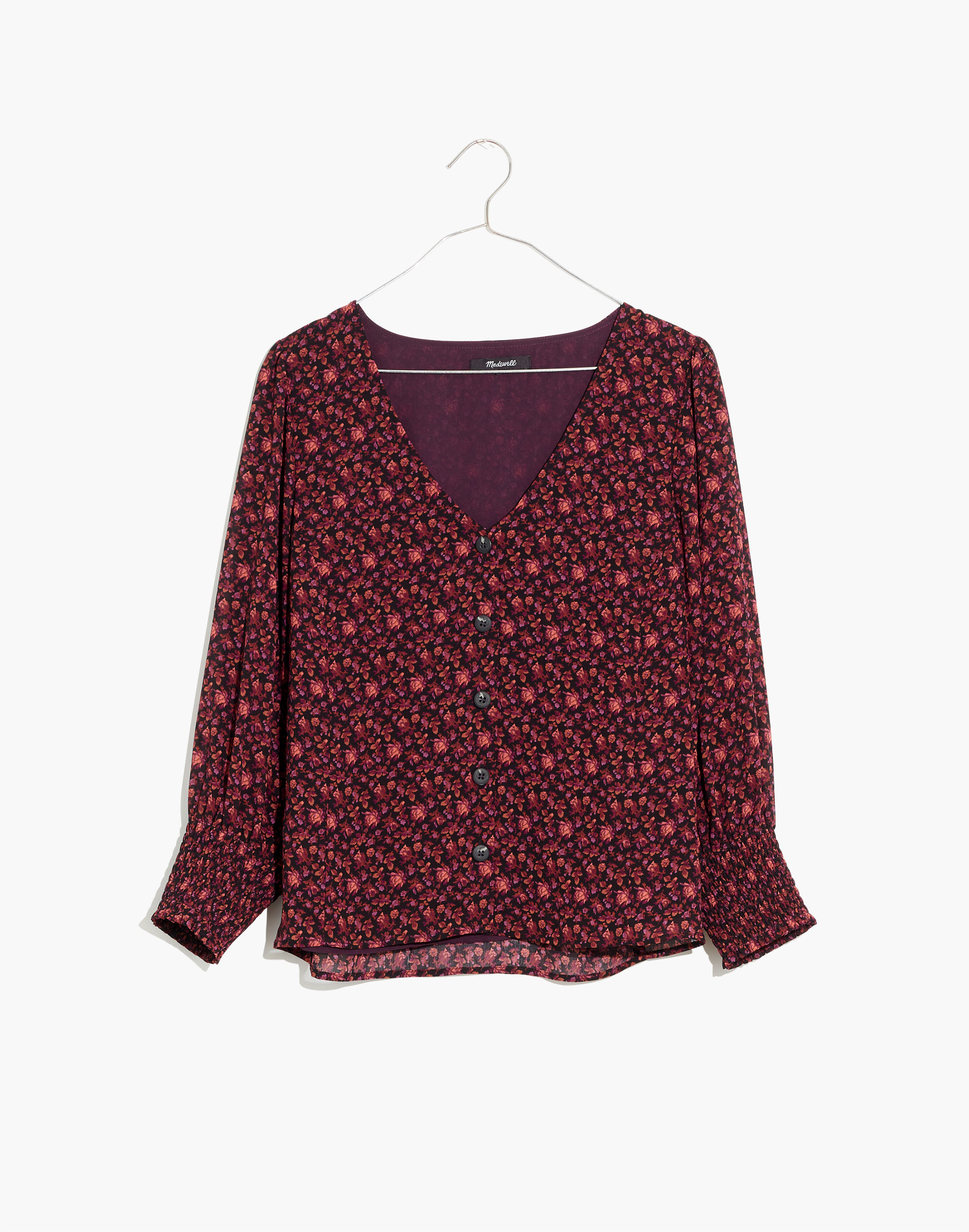 (Re)sourced Georgette Smocked-Cuff Button-Front Top in Orchard Floral