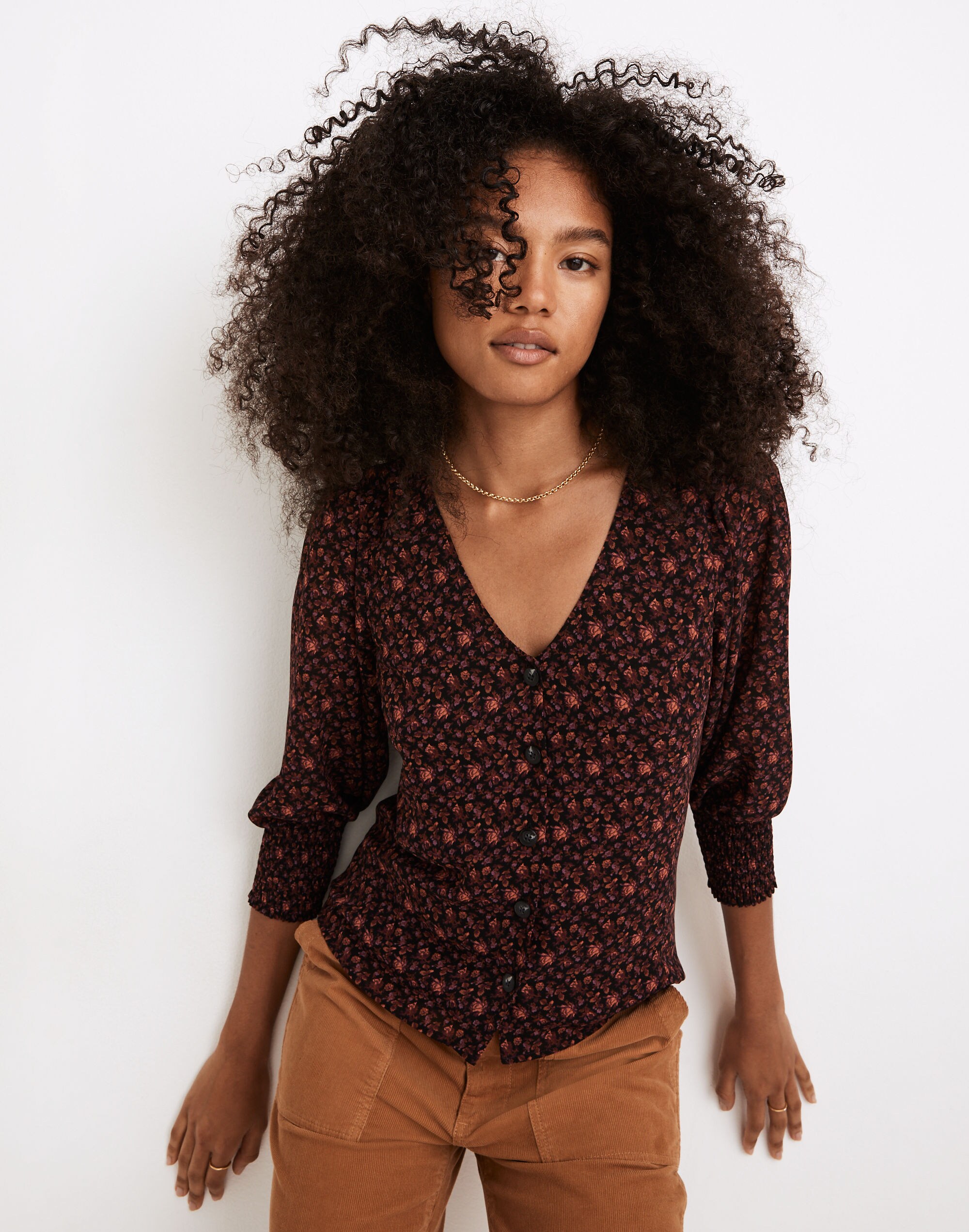 (Re)sourced Georgette Smocked-Cuff Button-Front Top in Orchard Floral