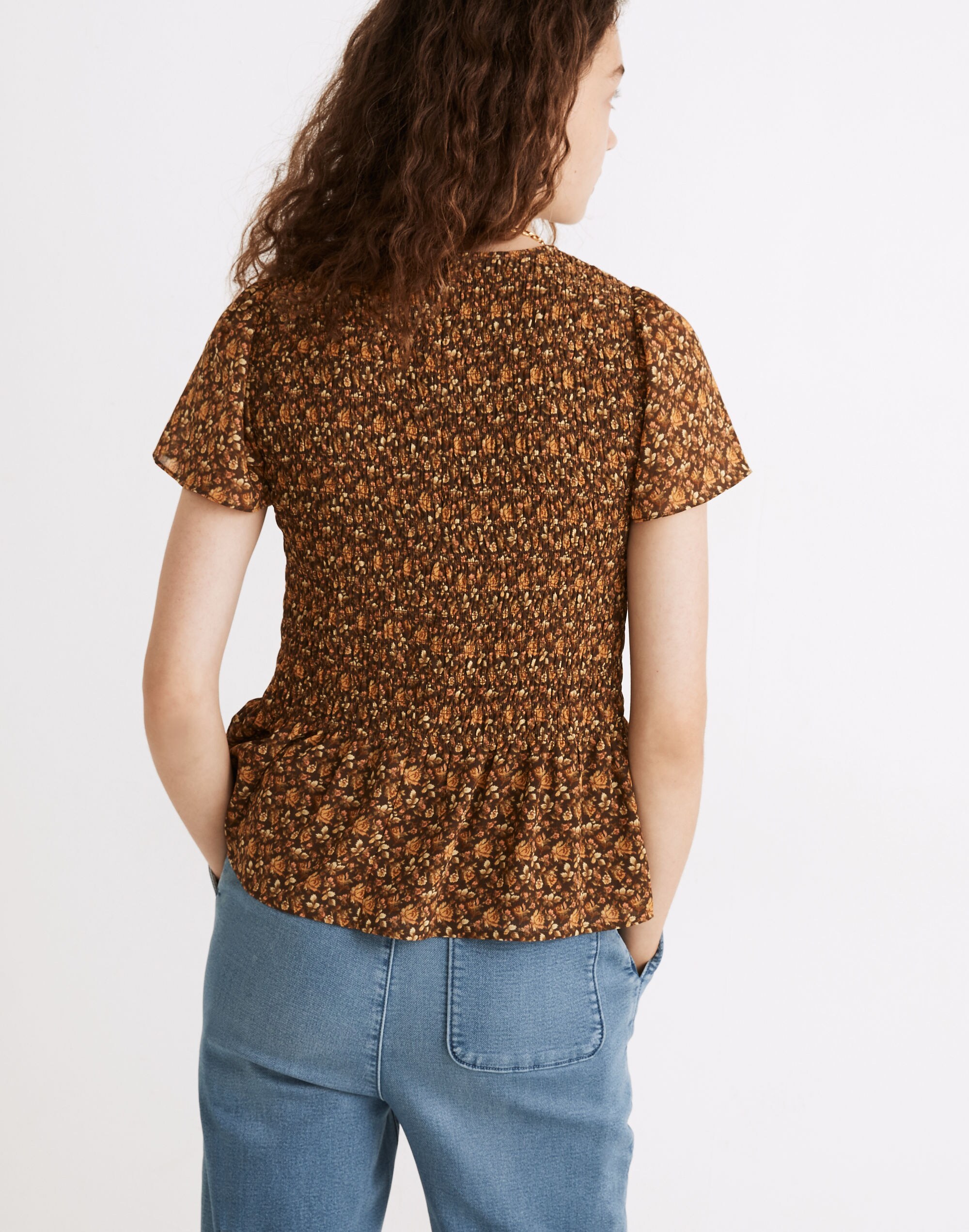 (Re)sourced Georgette Lucie Flutter-Sleeve Smocked Peplum Top in Orchard Floral