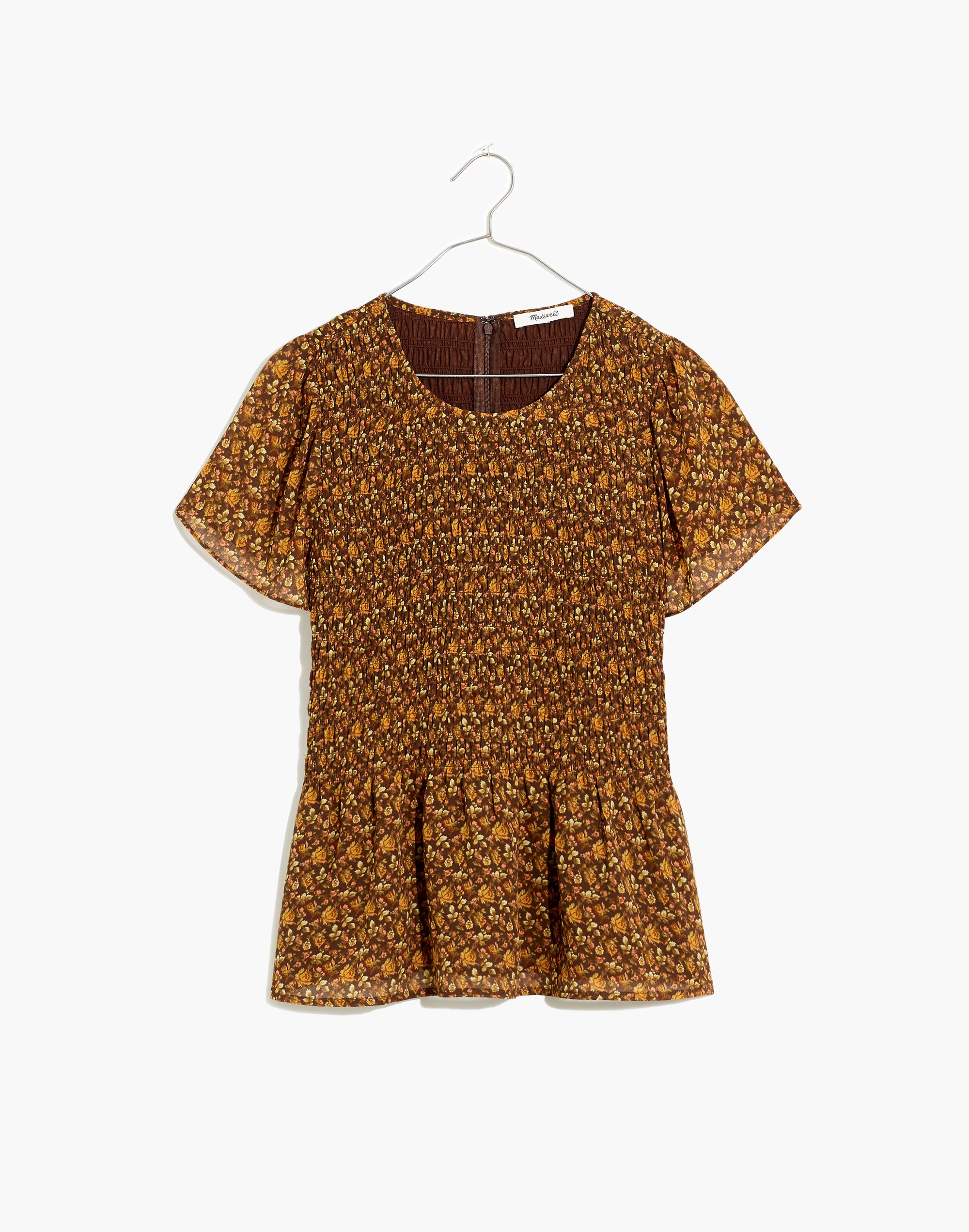 (Re)sourced Georgette Lucie Flutter-Sleeve Smocked Peplum Top in Orchard Floral
