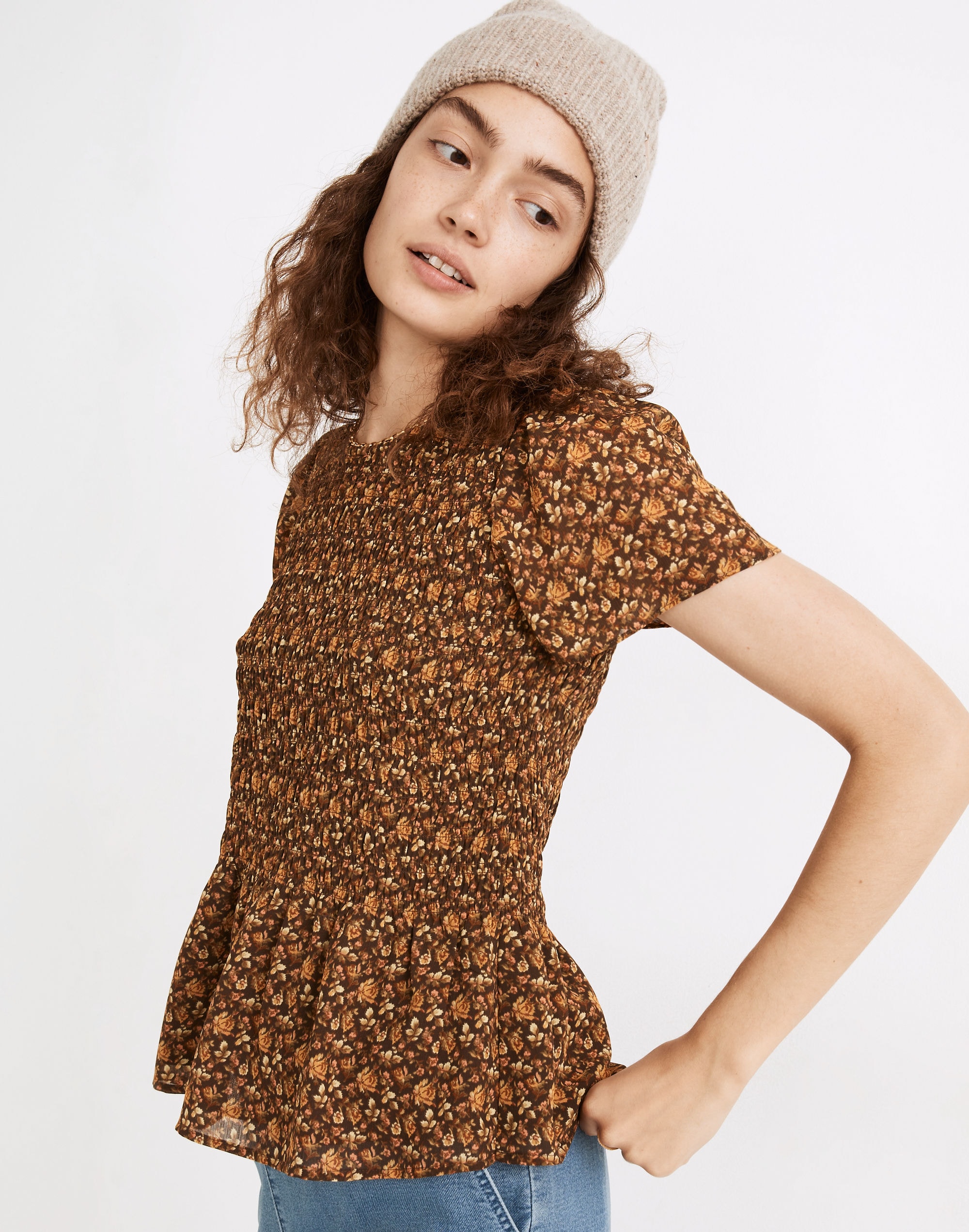 (re)sourced georgette lucie flutter-sleeve smocked peplum top in orchard floral