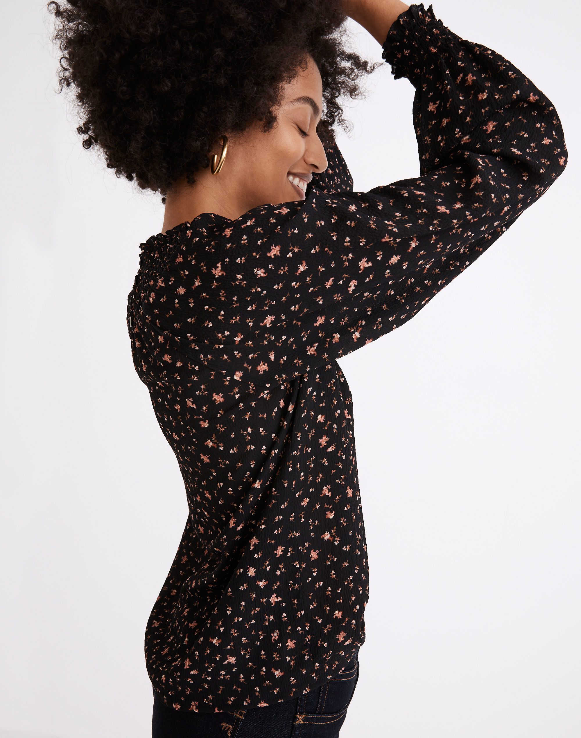 Smocked-Neck Ruffle Top in Stem Scatter