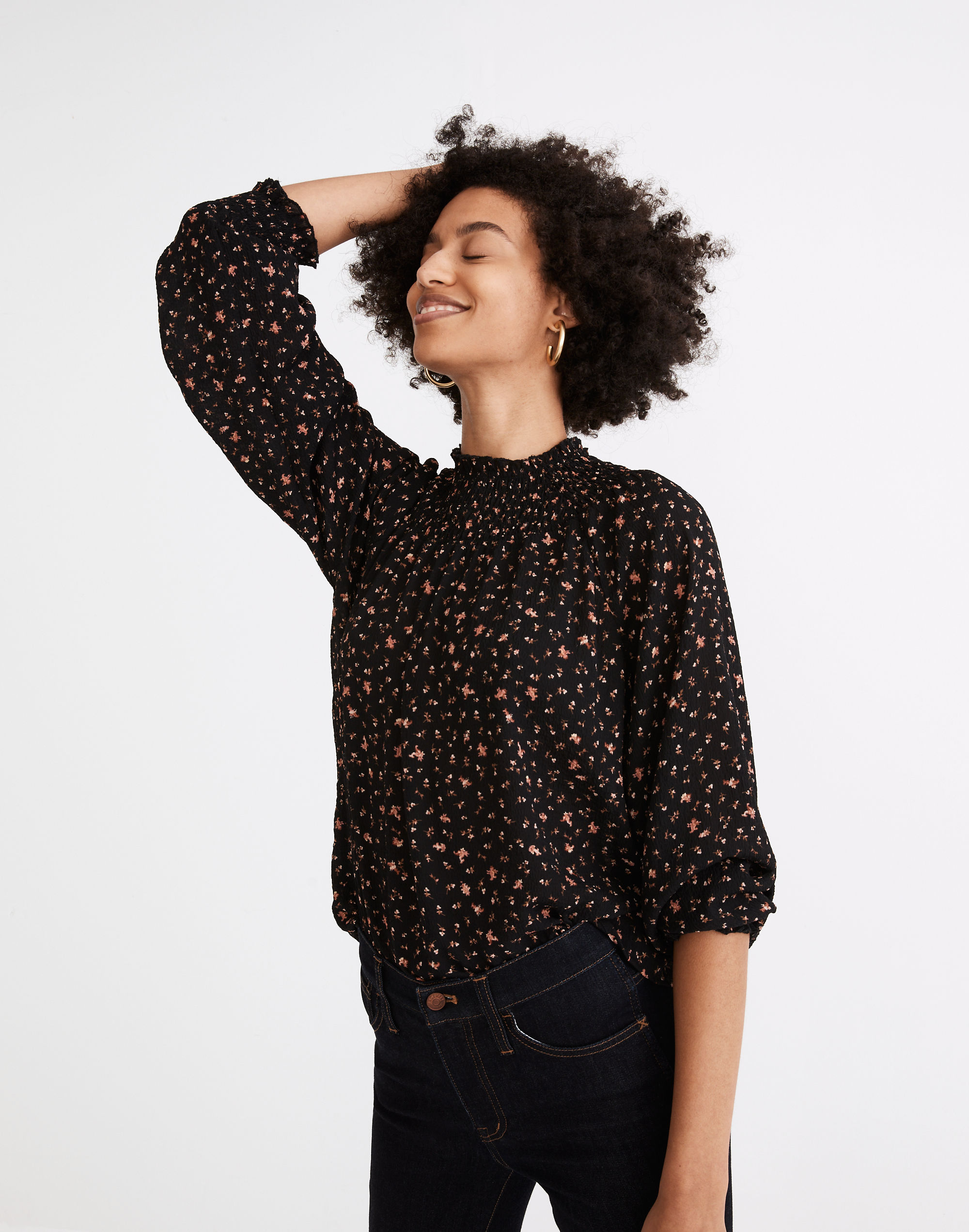smocked-neck ruffle top in stem scatter