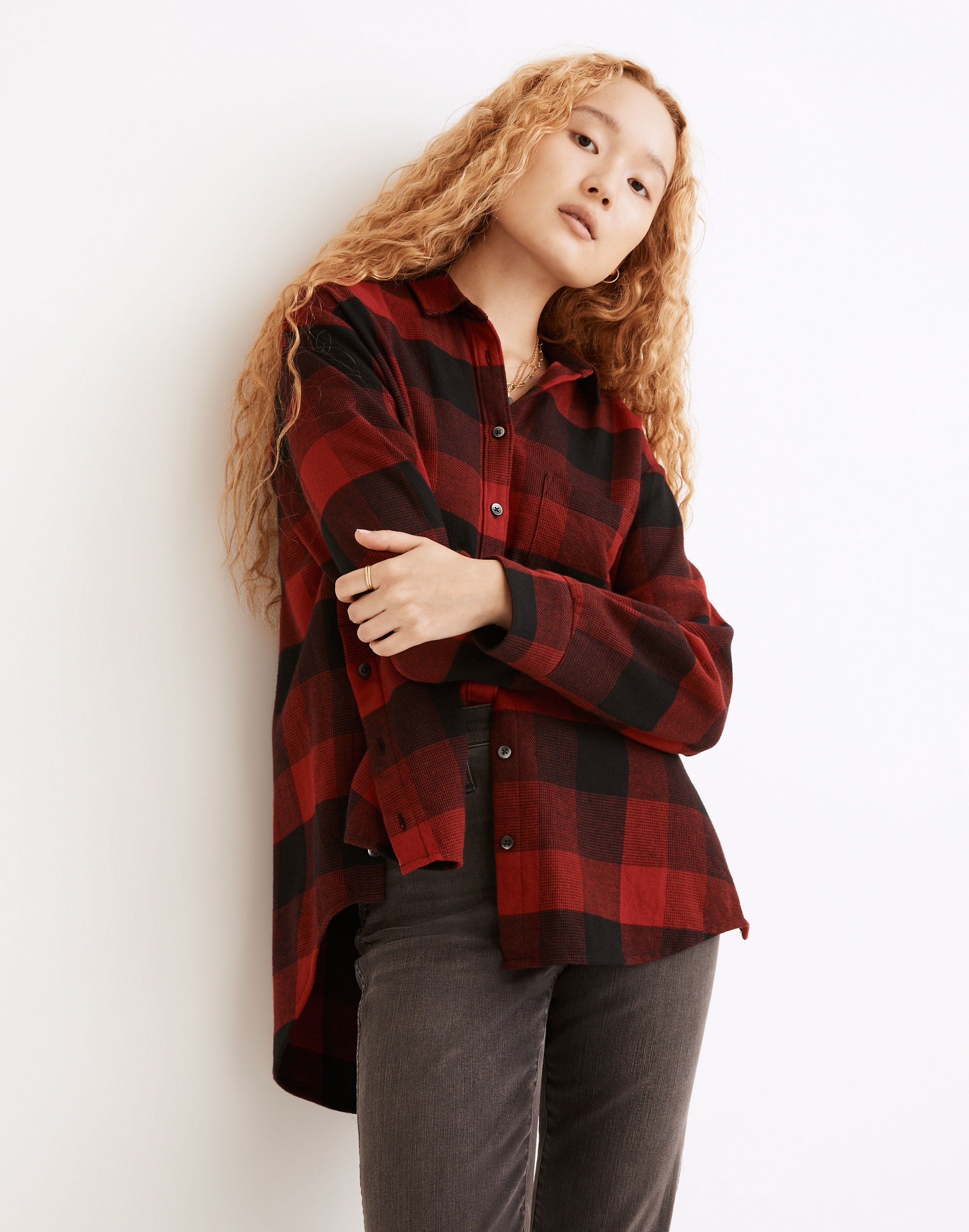 flannel side-button oversized ex-boyfriend shirt in buffalo check