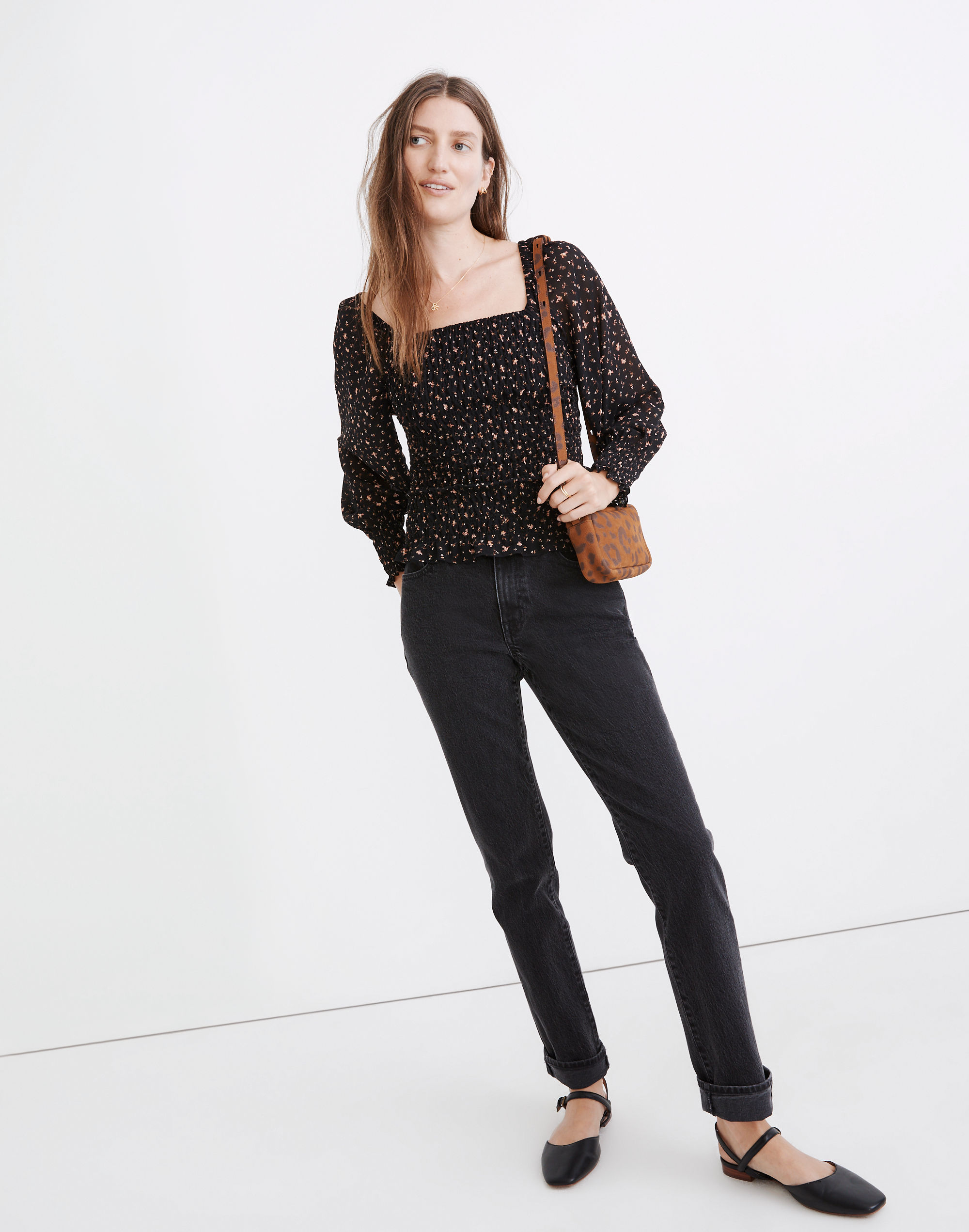 (Re)sourced Georgette Lucie Bubble-Sleeve Smocked Top in Stem Scatter