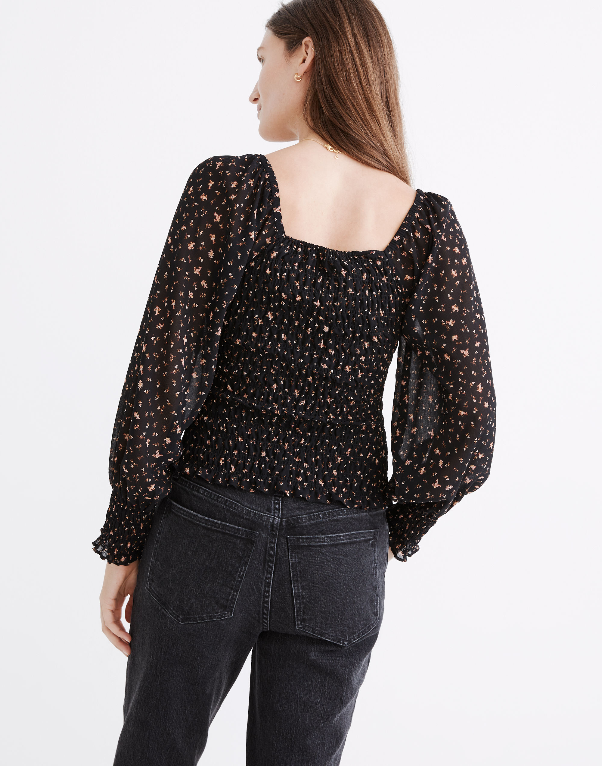 (Re)sourced Georgette Lucie Bubble-Sleeve Smocked Top in Stem Scatter