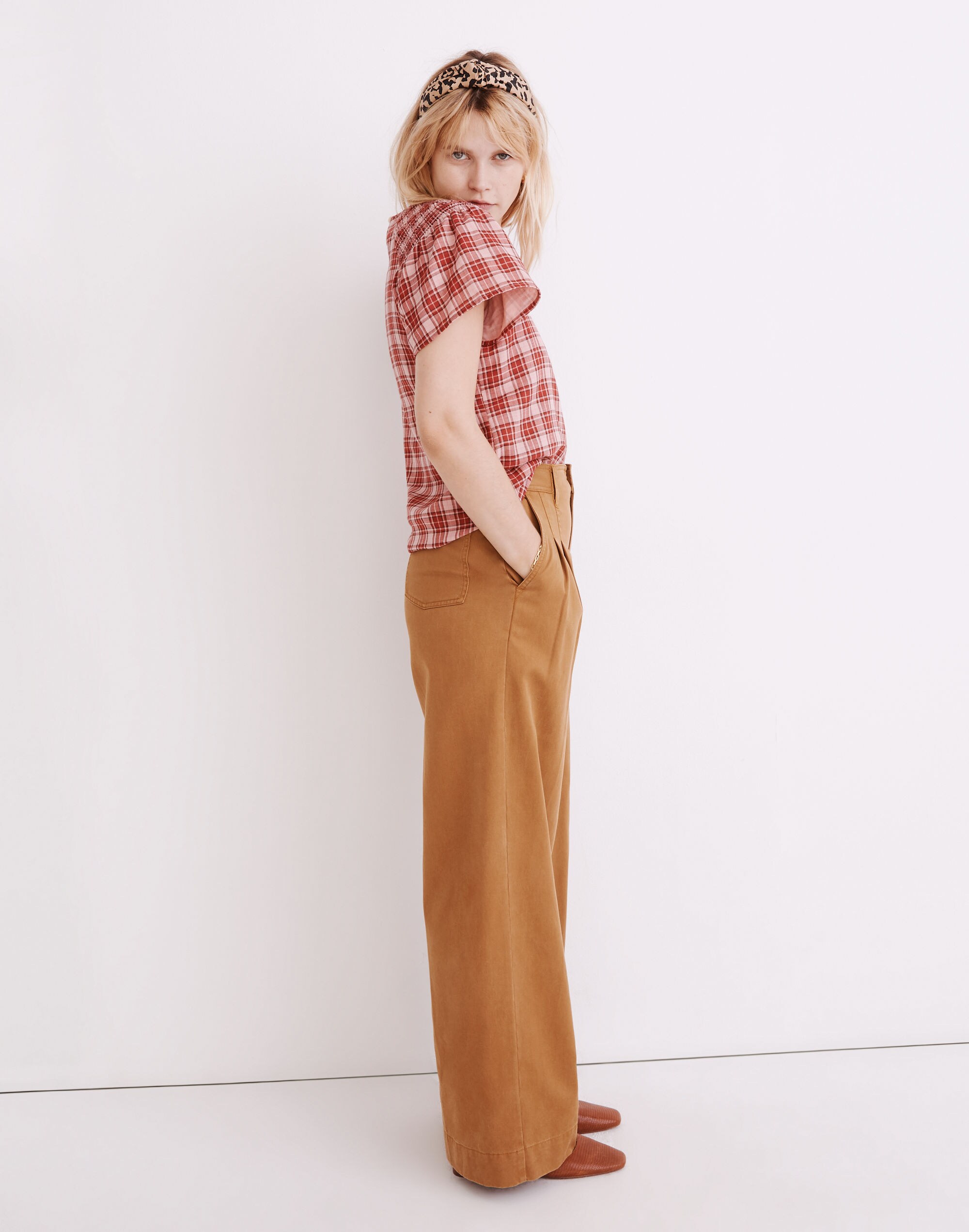 Flannel Smocked-Shoulder Top in Plaid