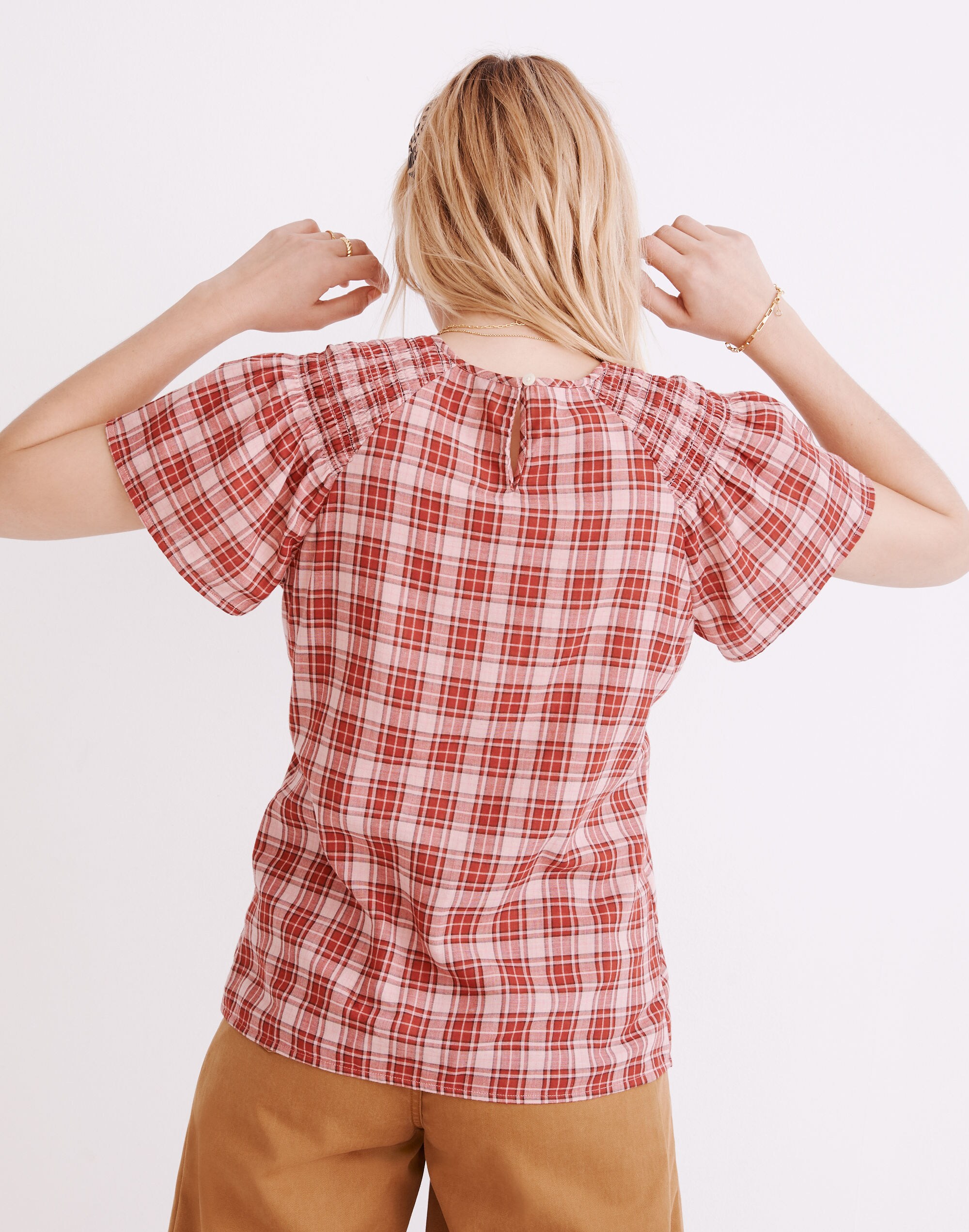 Flannel Smocked-Shoulder Top in Plaid