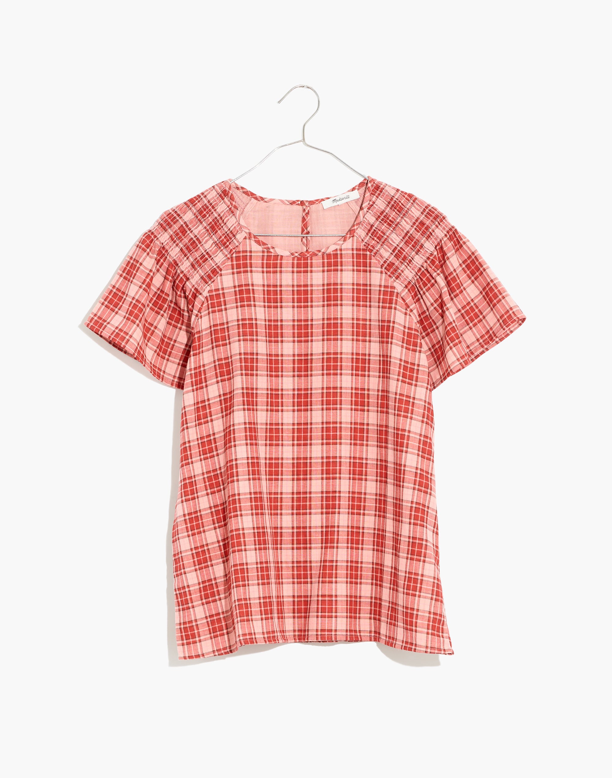 Flannel Smocked-Shoulder Top in Plaid