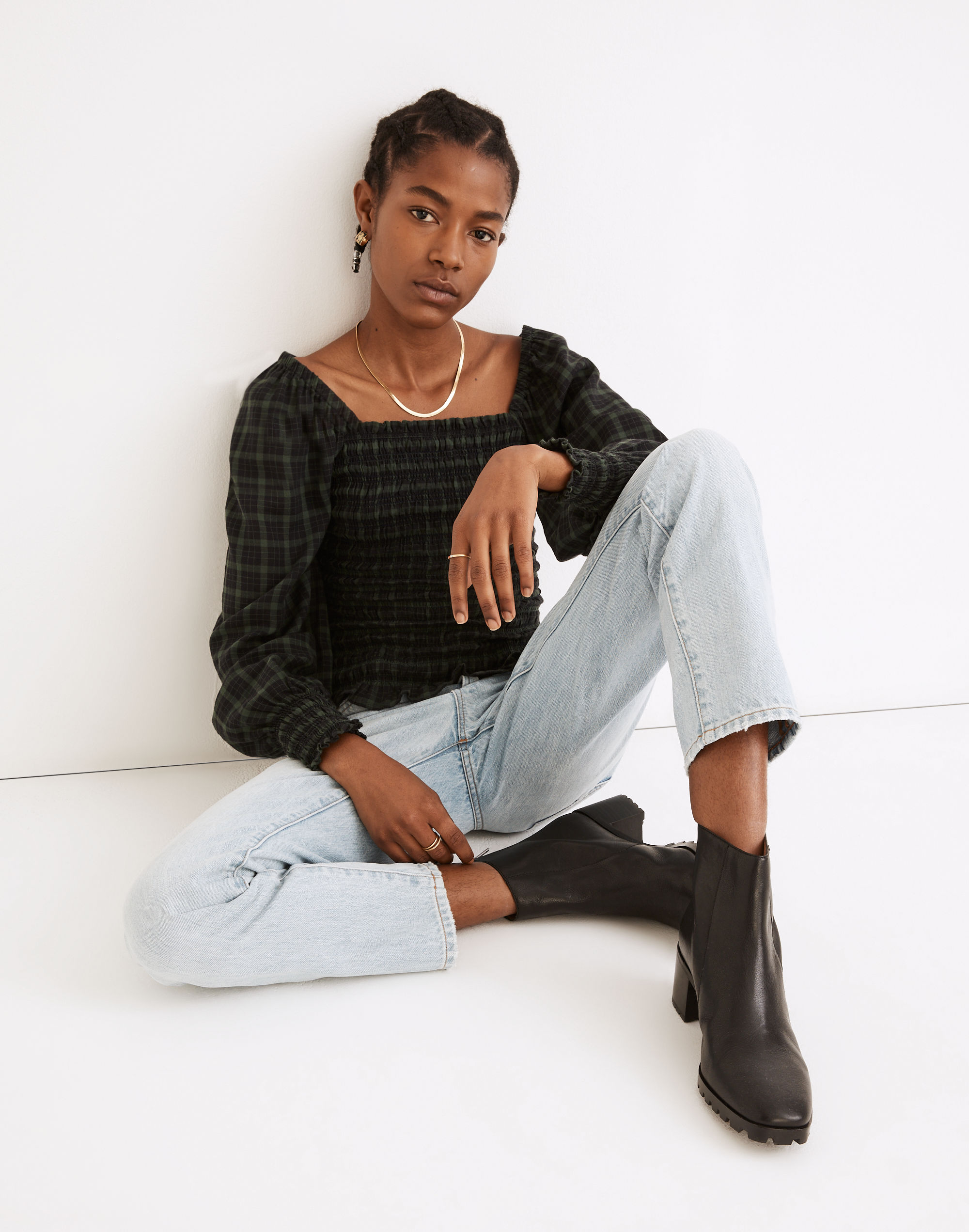 Lucie Bubble-Sleeve Smocked Top in Plaid