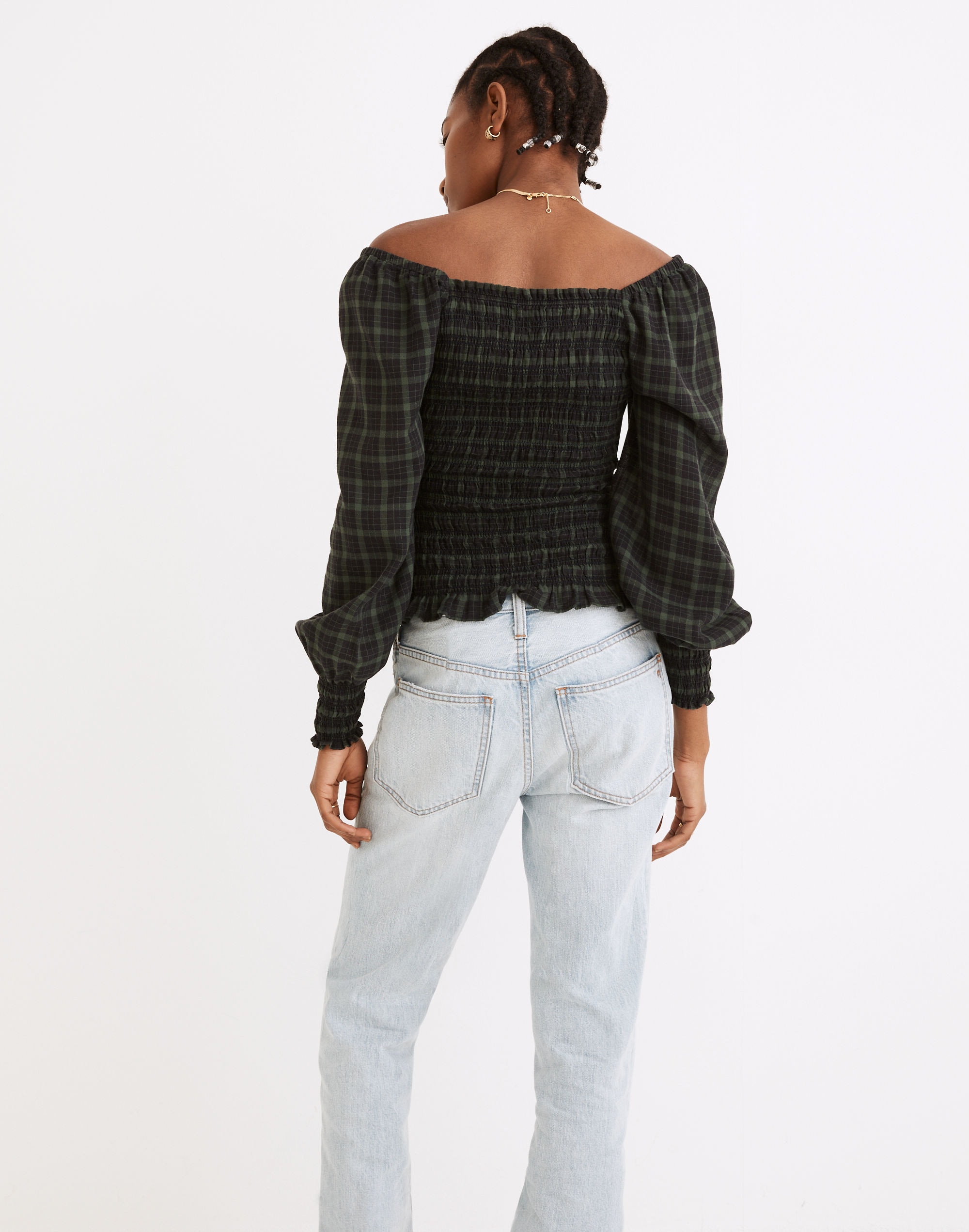 Lucie Bubble-Sleeve Smocked Top in Plaid
