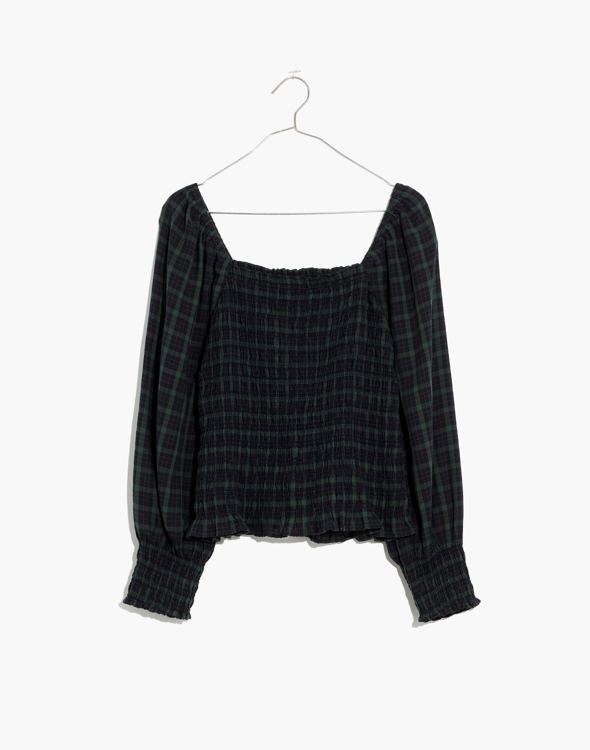 Lucie Bubble-Sleeve Smocked Top in Plaid