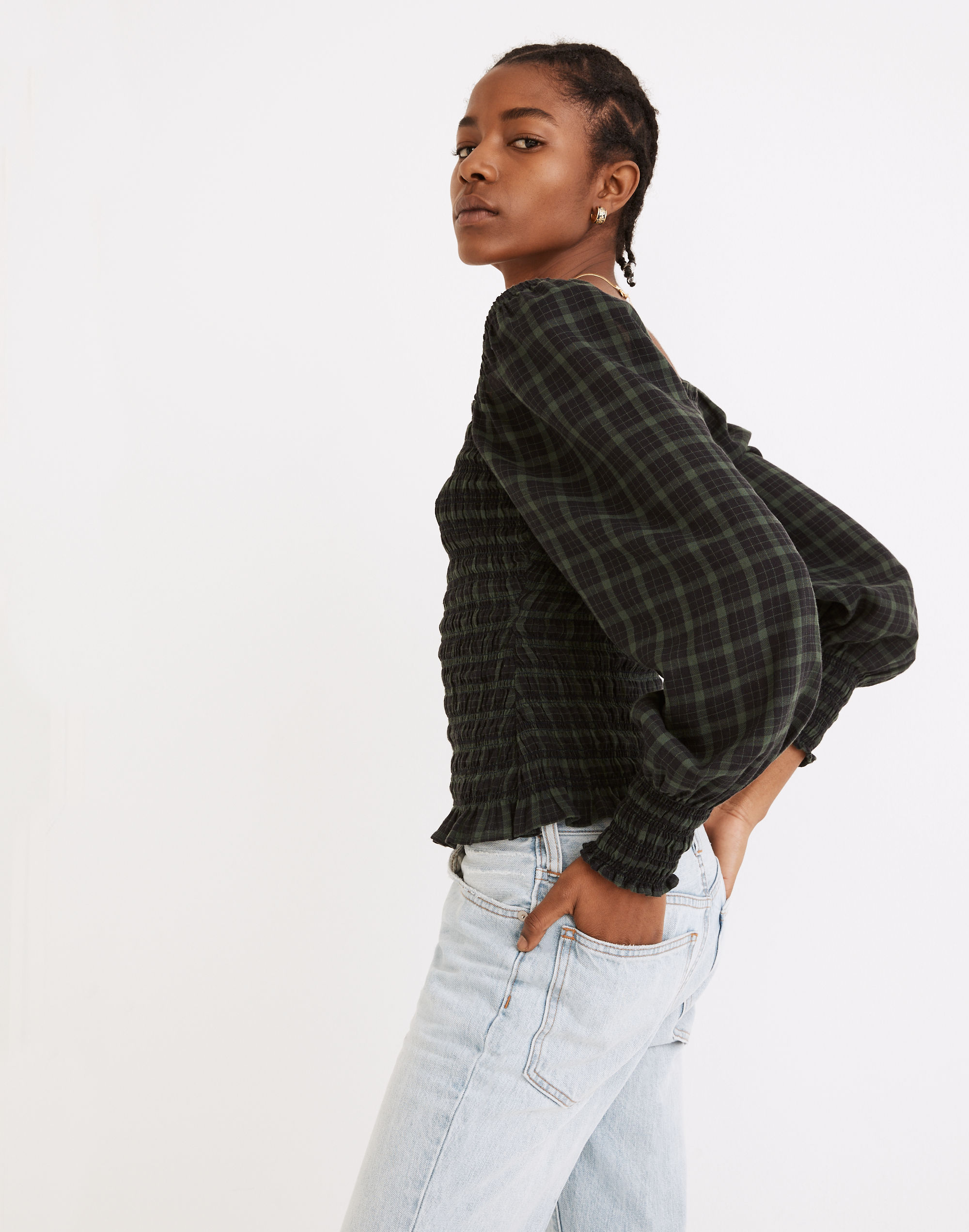 lucie bubble-sleeve smocked top in plaid