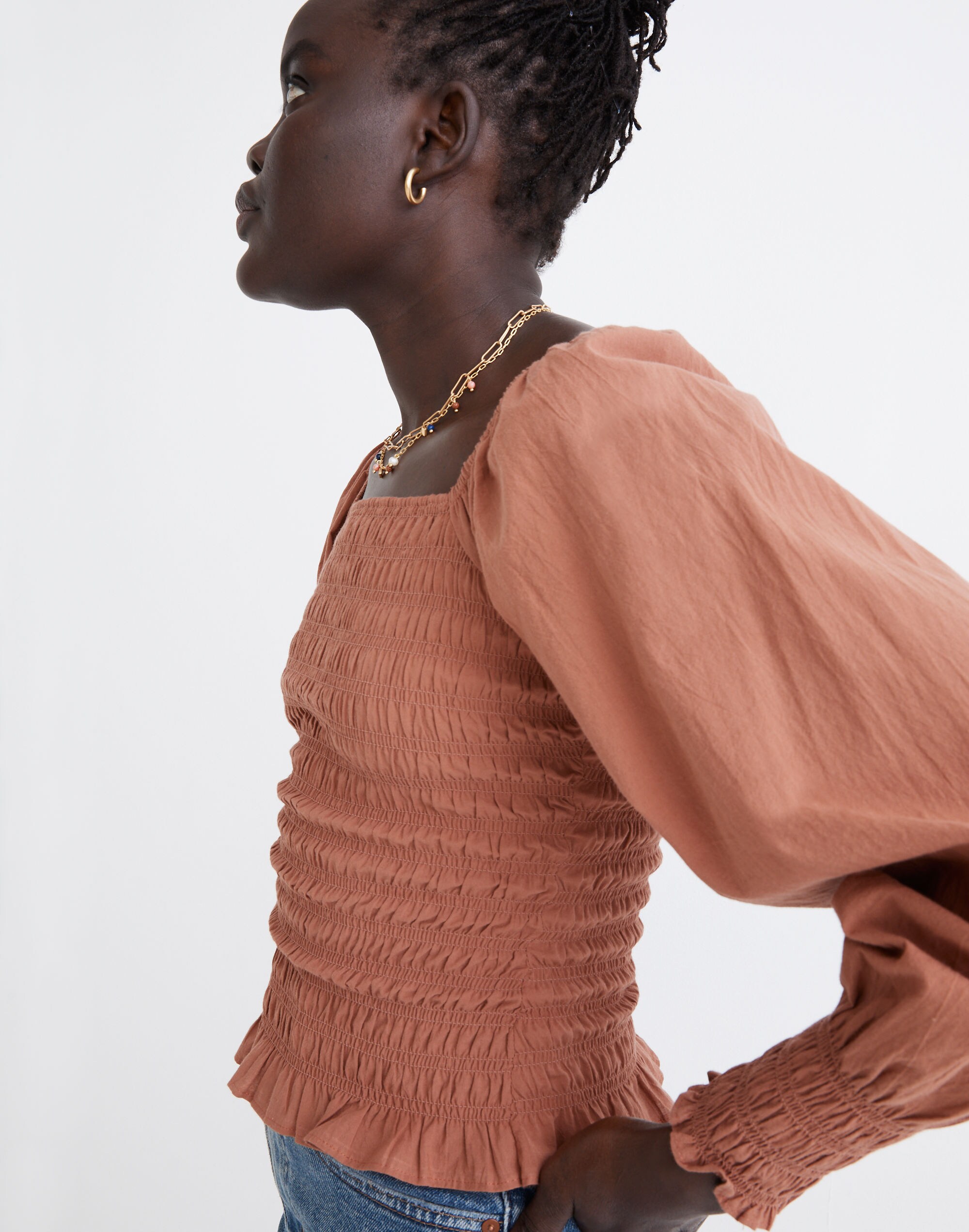 Lucie Bubble-Sleeve Smocked Top