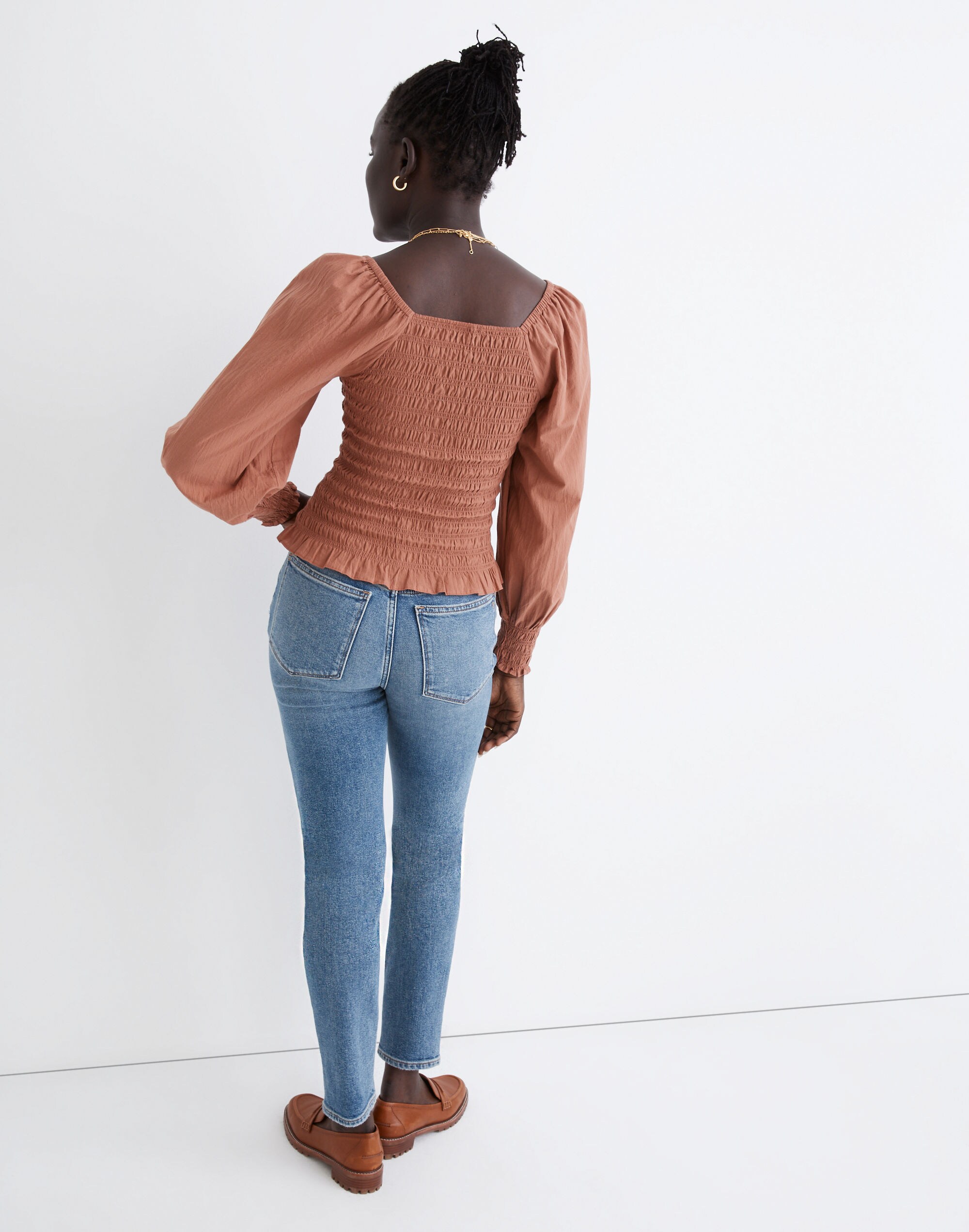 Lucie Bubble-Sleeve Smocked Top