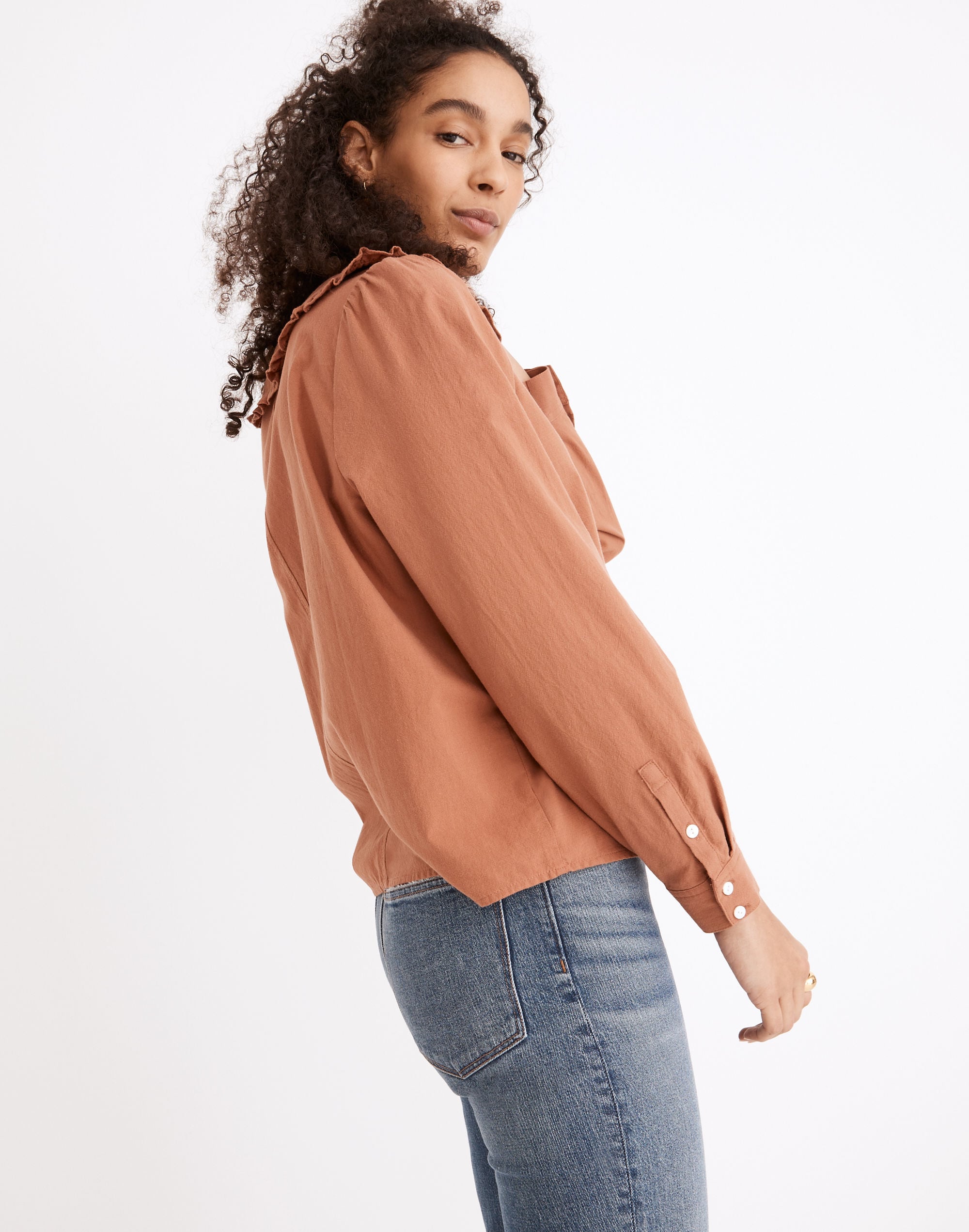 Ruffle-Collar Button-Up Shirt