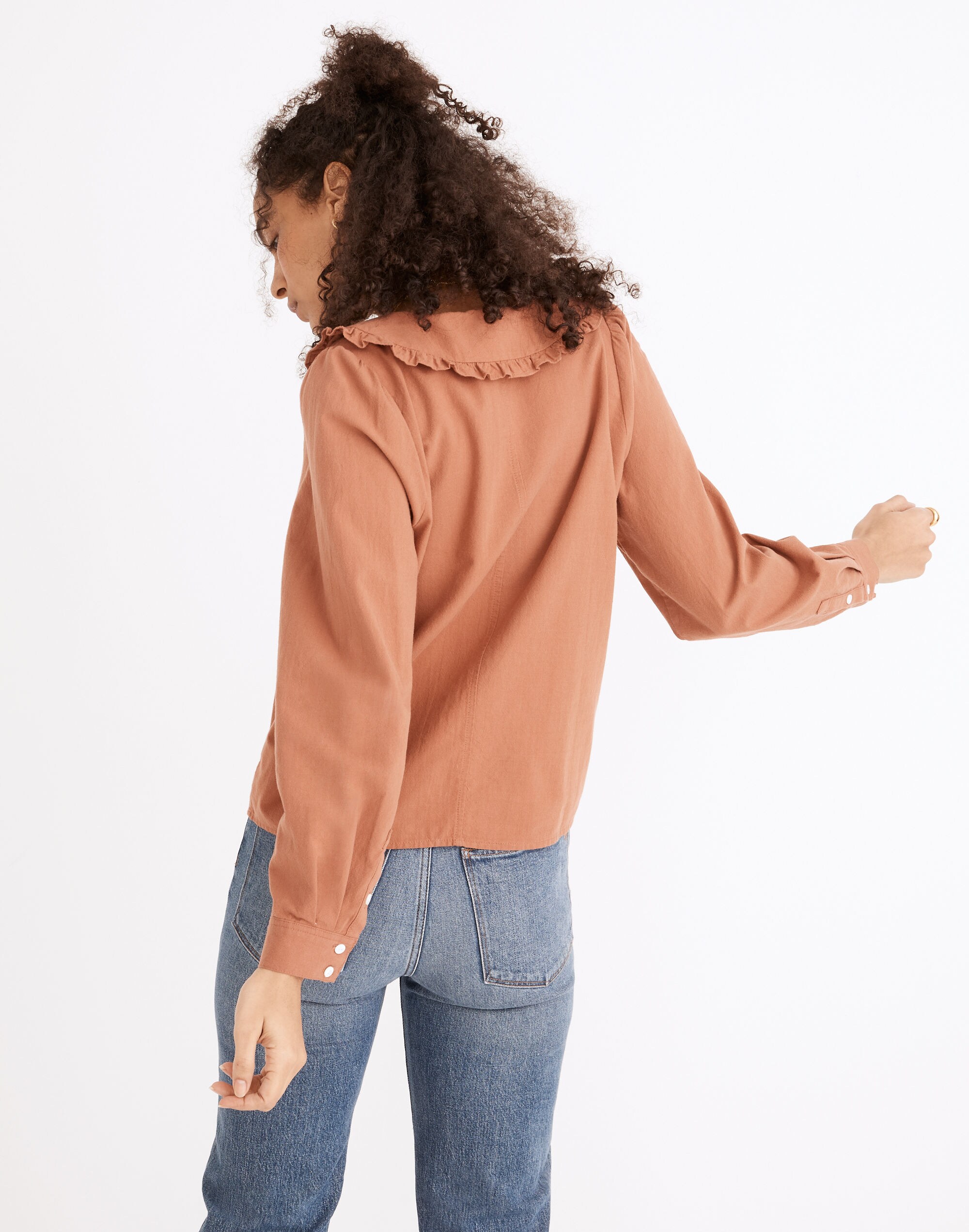 Ruffle-Collar Button-Up Shirt