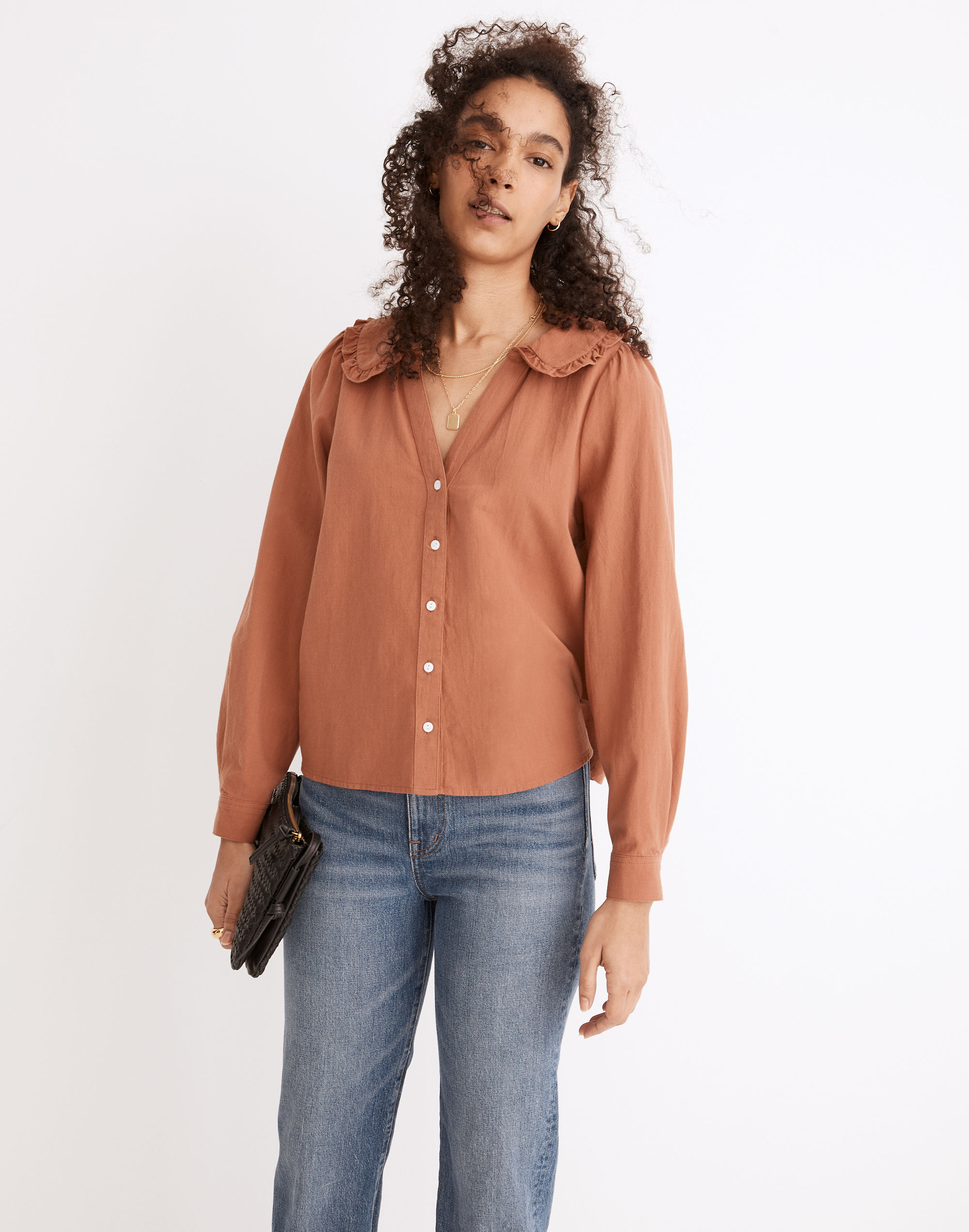 Ruffle-Collar Button-Up Shirt