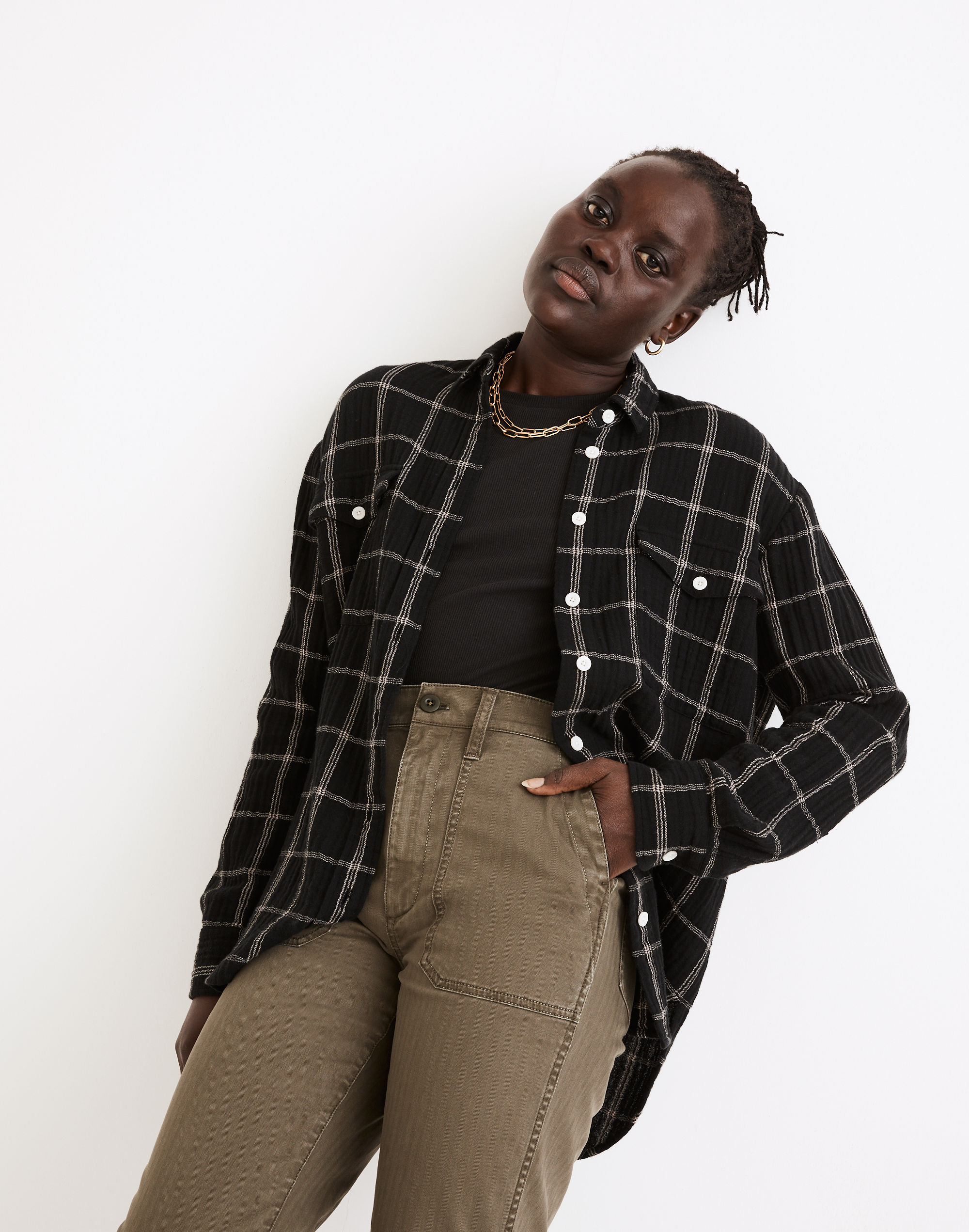 lightspun flap-pocket oversized ex-boyfriend shirt in windowpane