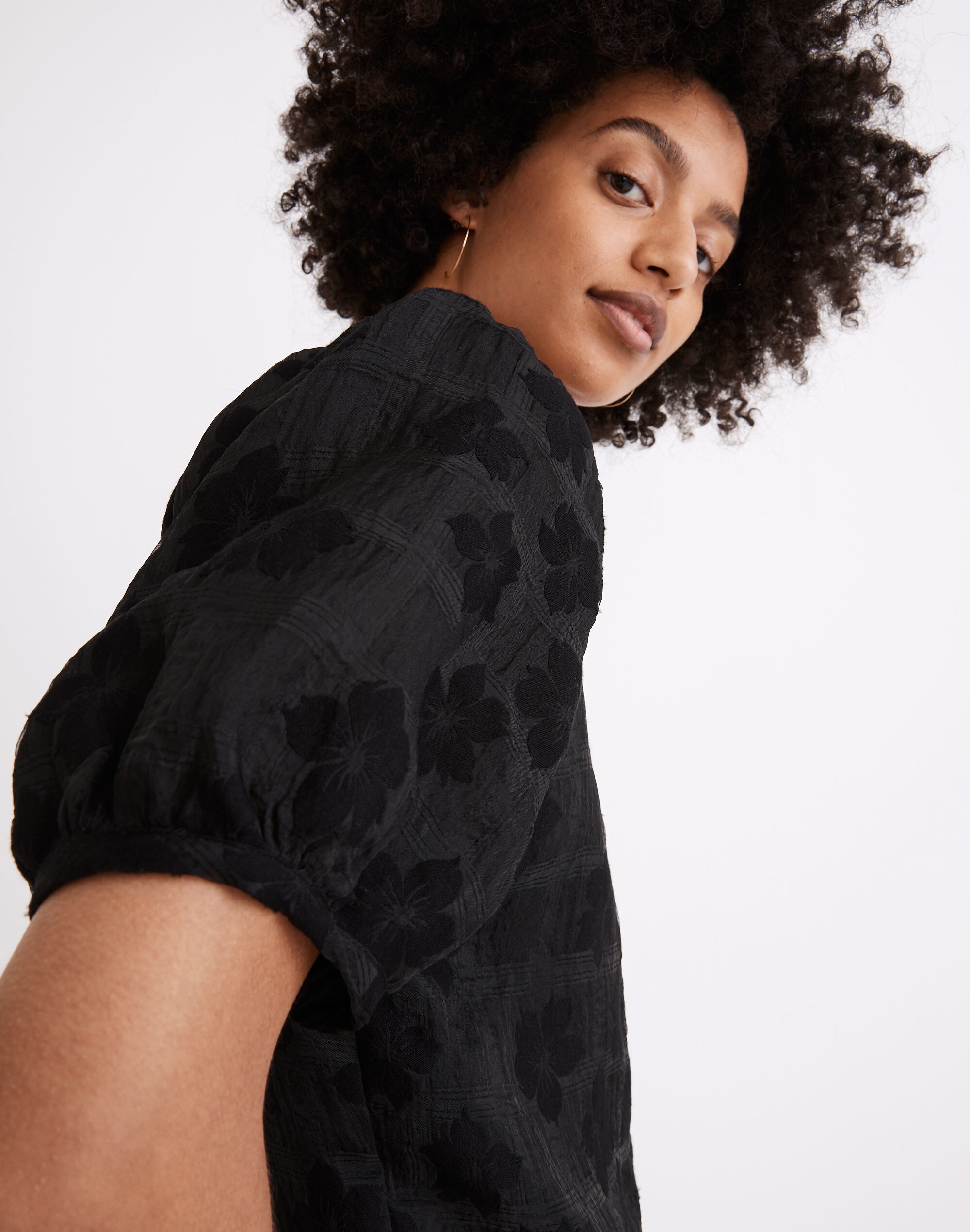 Puff-Sleeve Wrap Top in Floral Jacquard