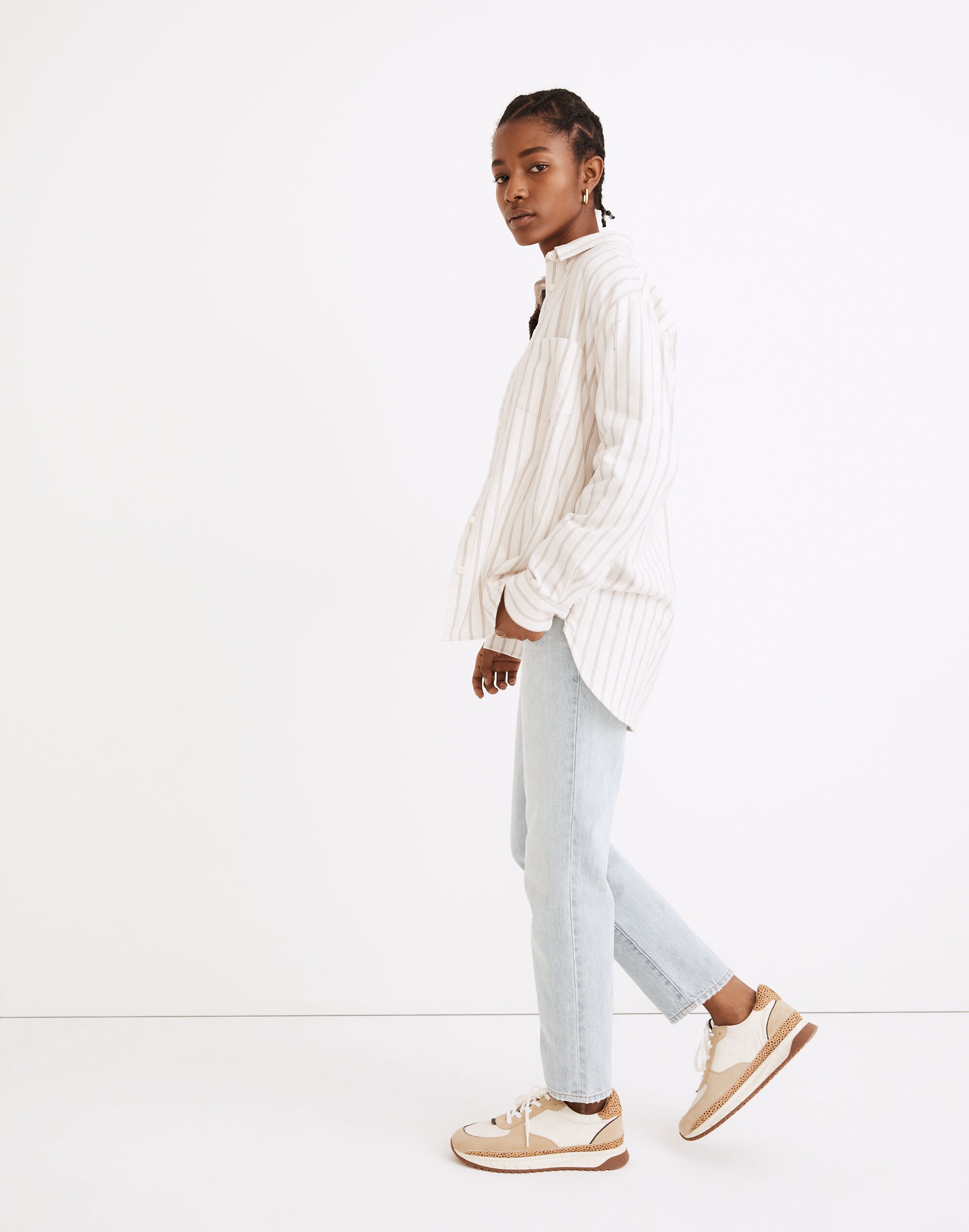 Flannel Side-Button Oversized Ex-Boyfriend Shirt in Quinley Stripe