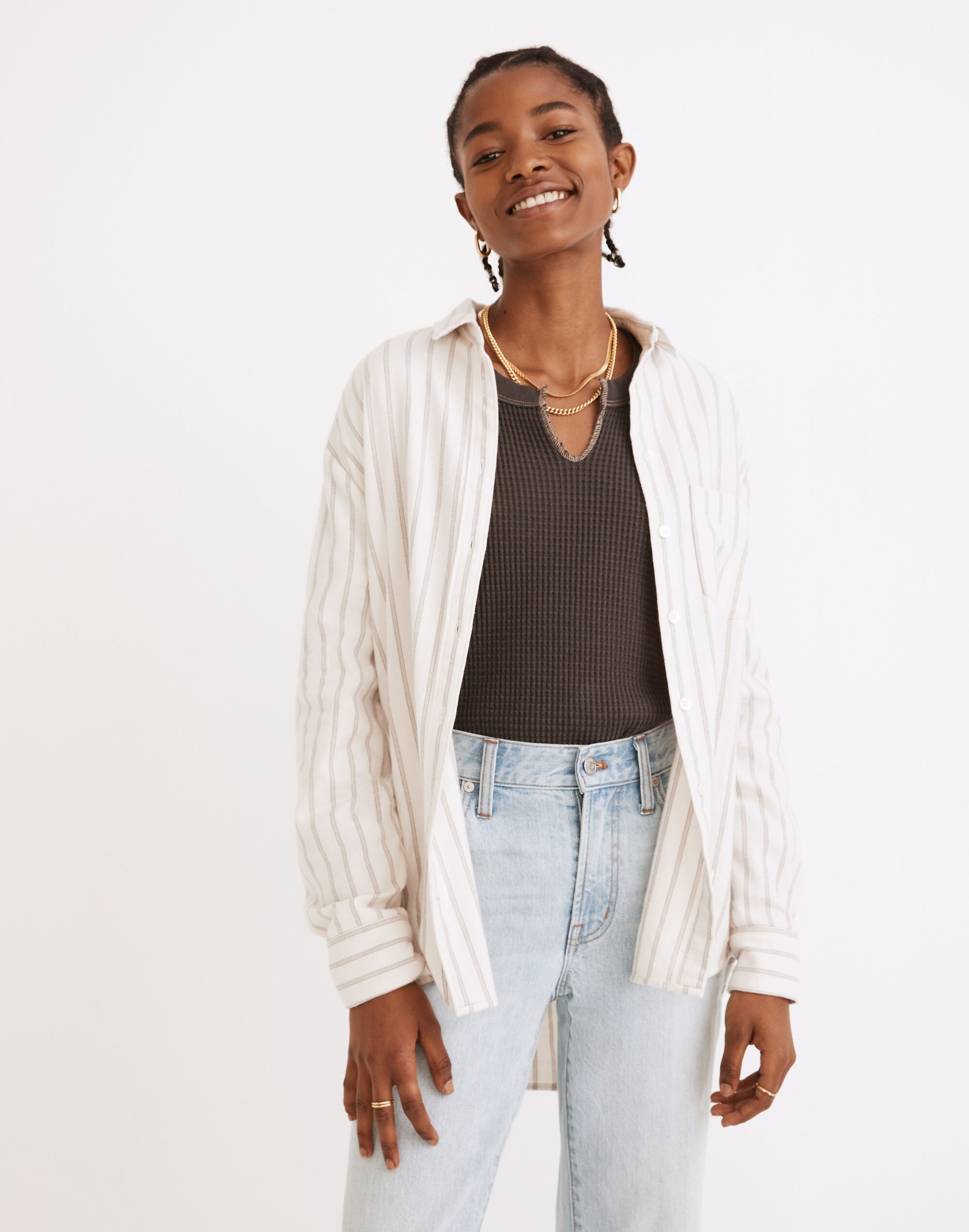 Flannel Side-Button Oversized Ex-Boyfriend Shirt in Quinley Stripe