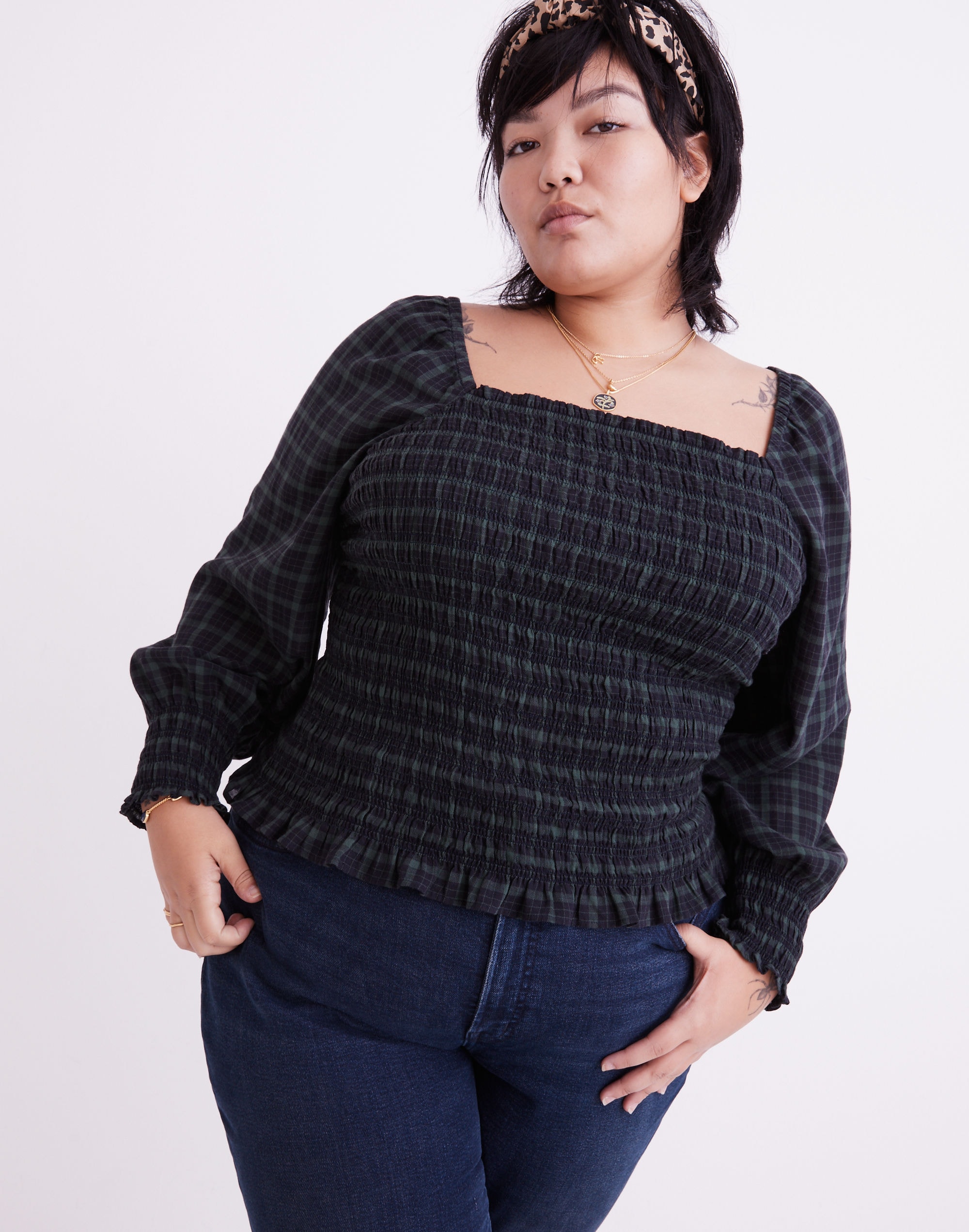 plus lucie bubble-sleeve smocked top in plaid