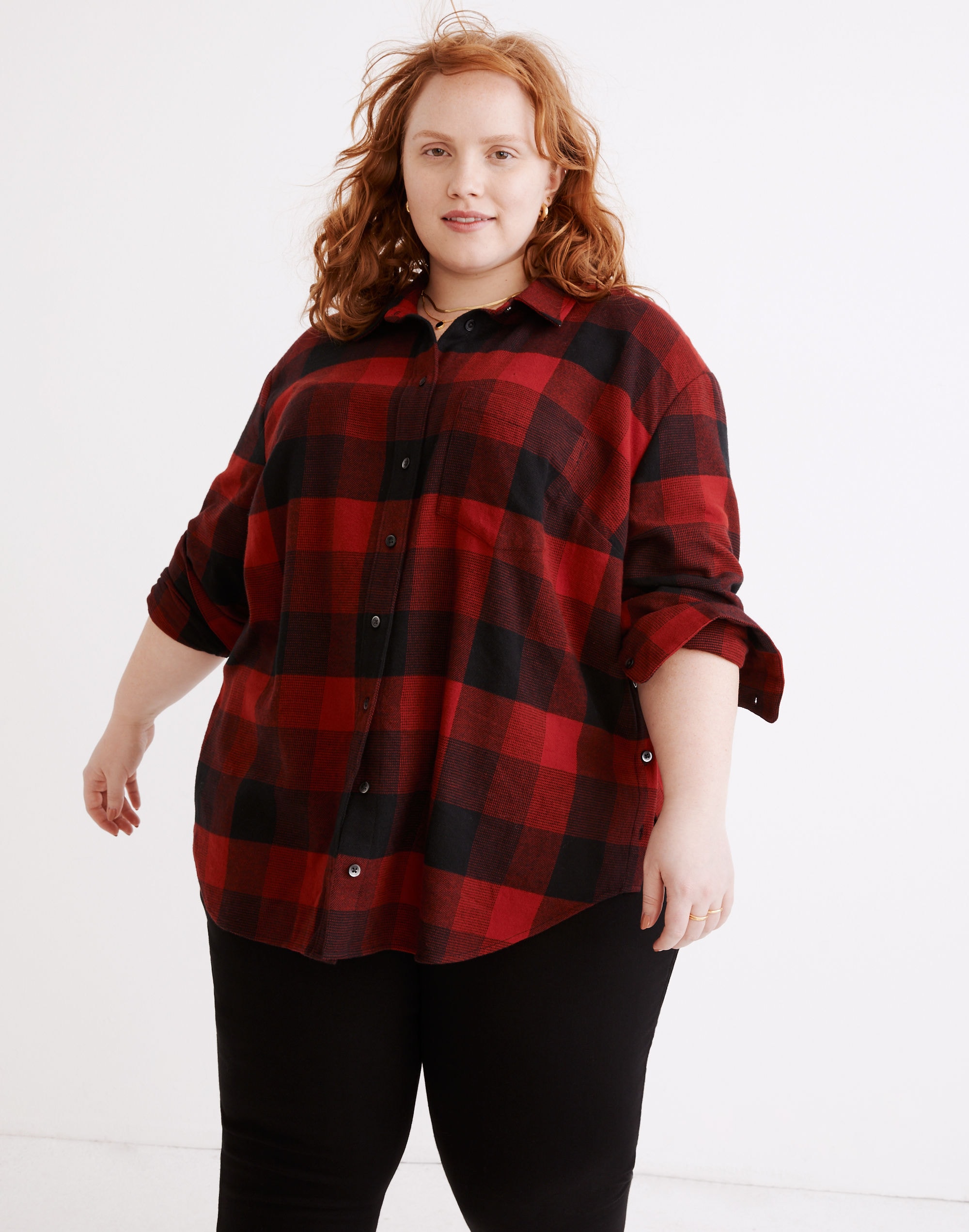plus flannel side-button oversized ex-boyfriend shirt in buffalo check
