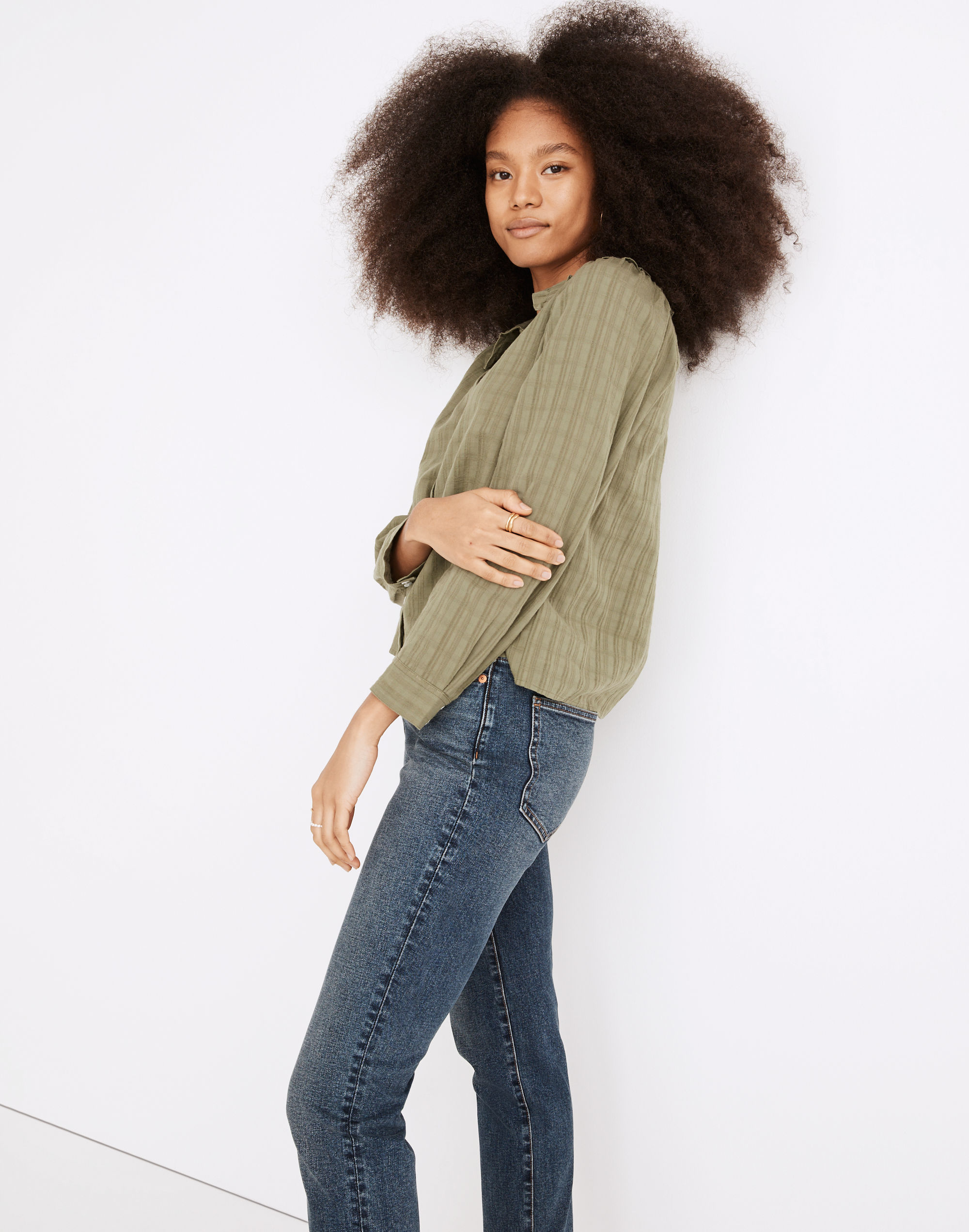 Ruffle-Collar Button-Up Shirt in Syril Plaid