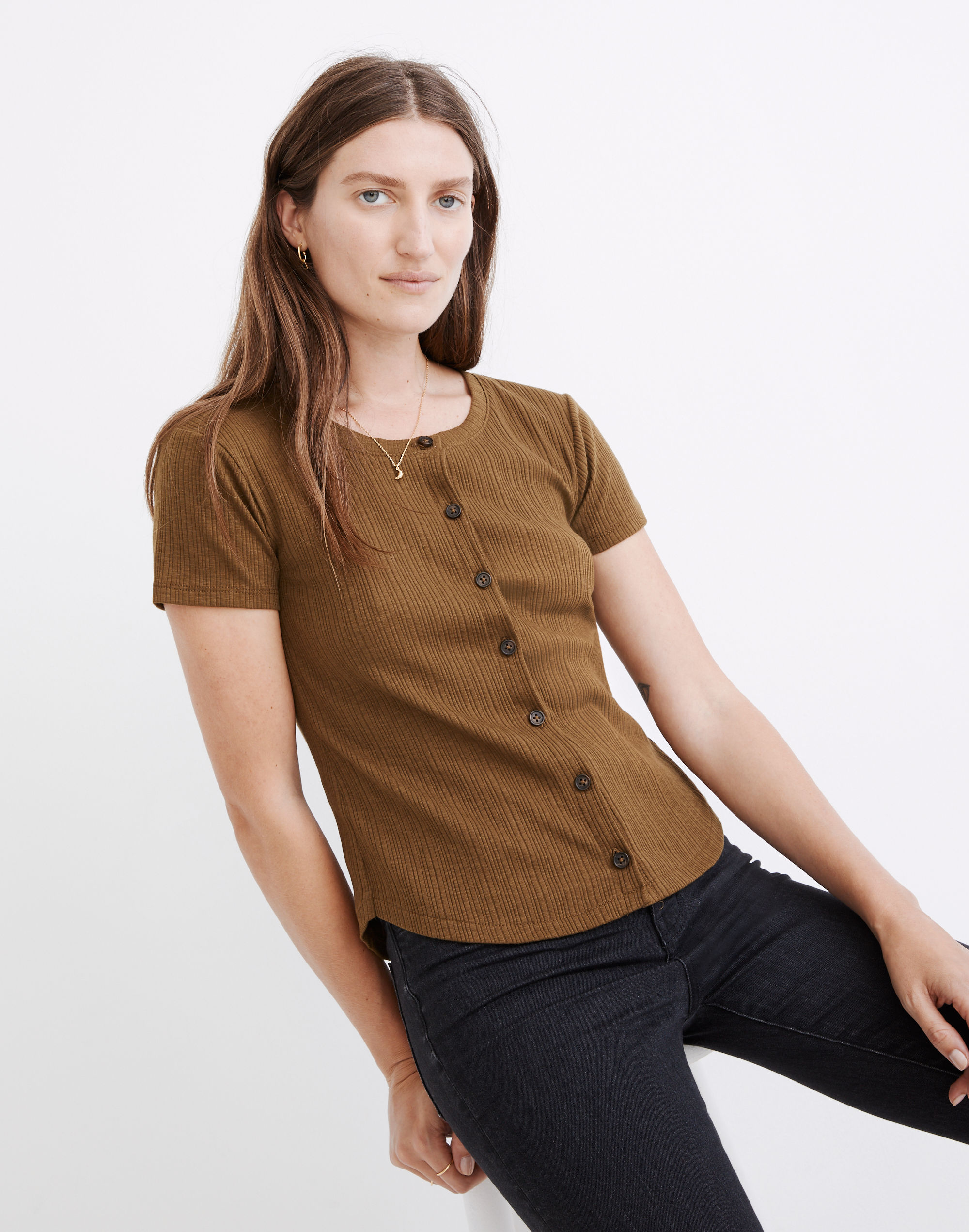 Pointelle Button-Front Slim Tee