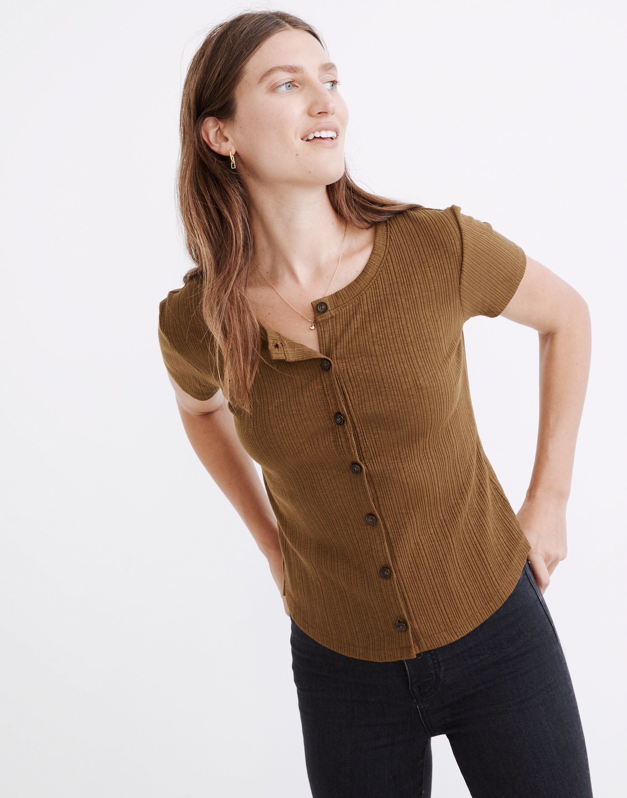 Pointelle Button-Front Slim Tee