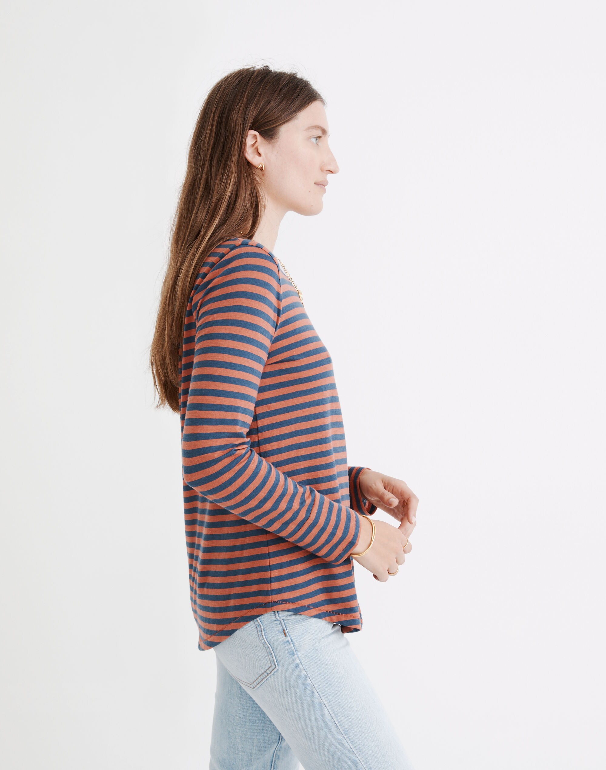 Whisper Cotton Rib-Crewneck Ringer Long-Sleeve Tee in Stripe