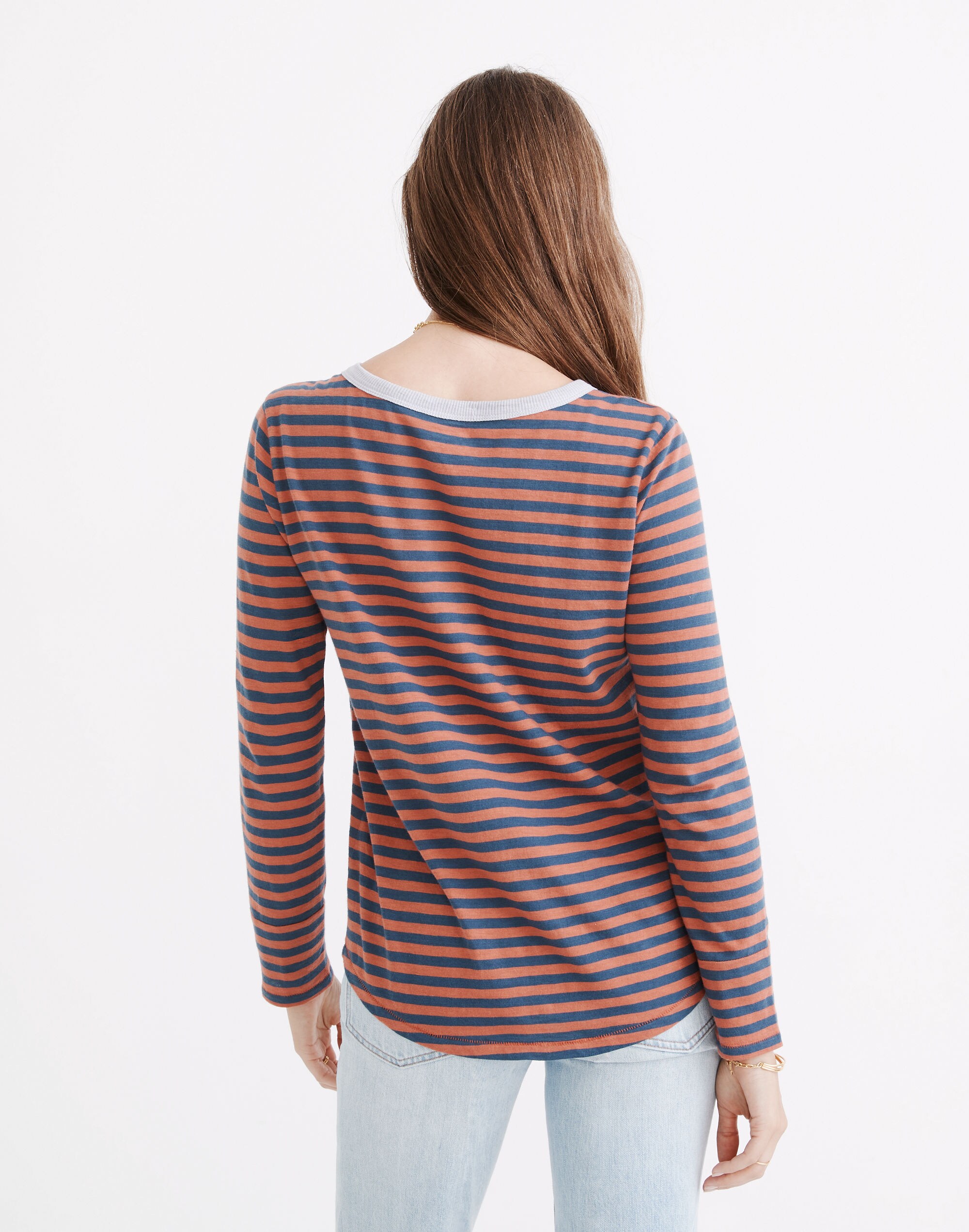 Whisper Cotton Rib-Crewneck Ringer Long-Sleeve Tee in Stripe