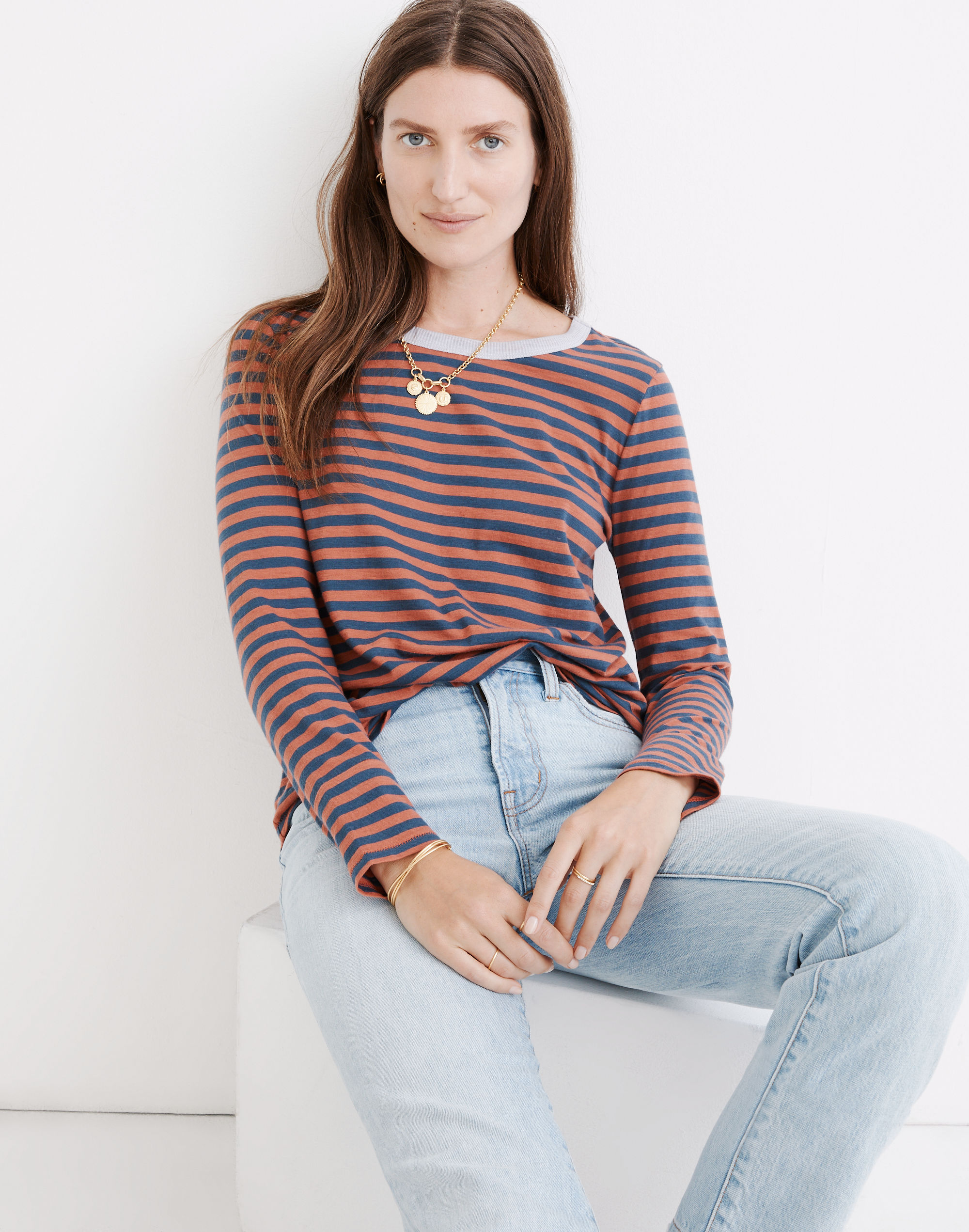 whisper cotton rib-crewneck ringer long-sleeve tee in stripe
