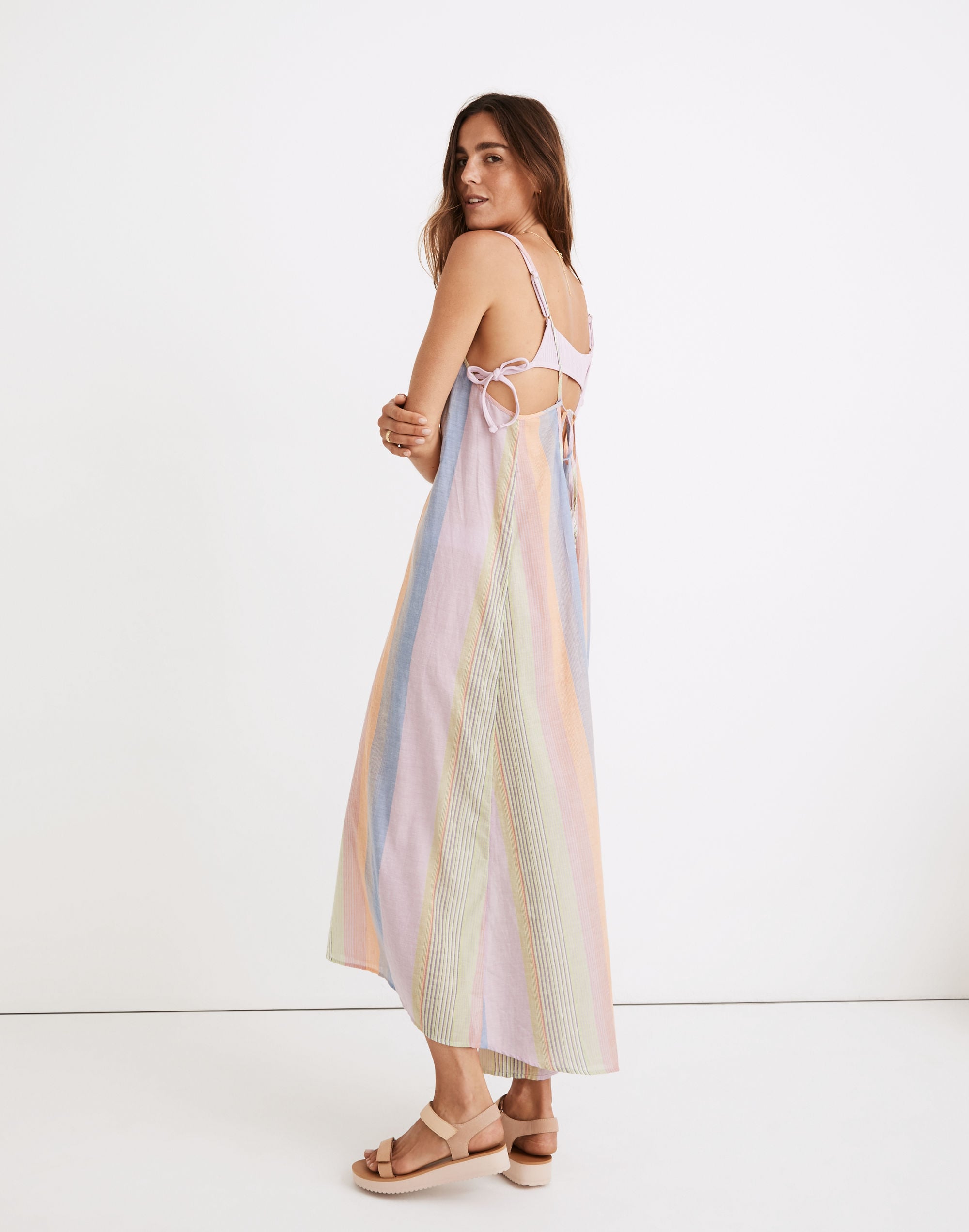 Tie-Back Cover-Up Maxi Dress in Rainbow Stripe