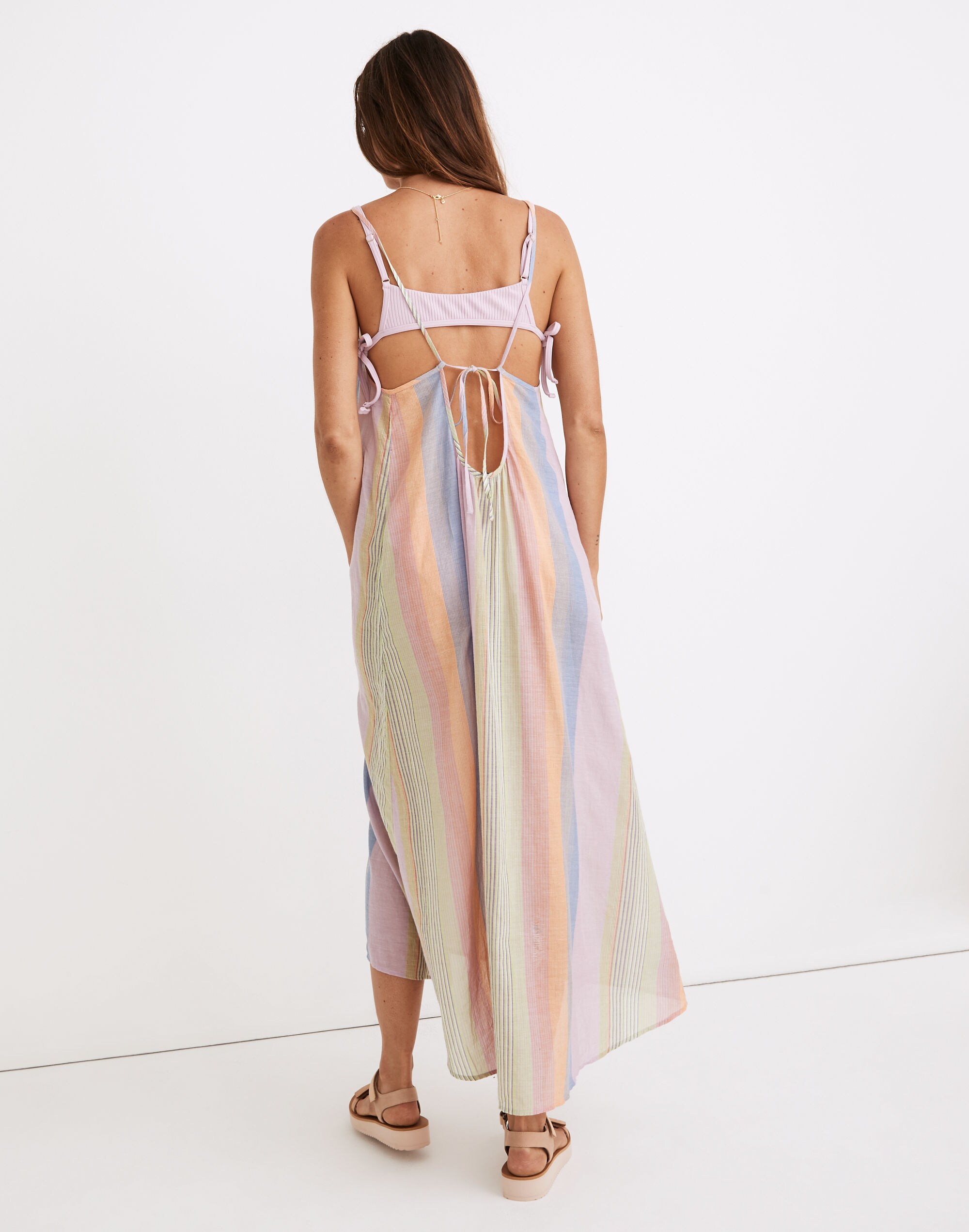 Tie-Back Cover-Up Maxi Dress in Rainbow Stripe