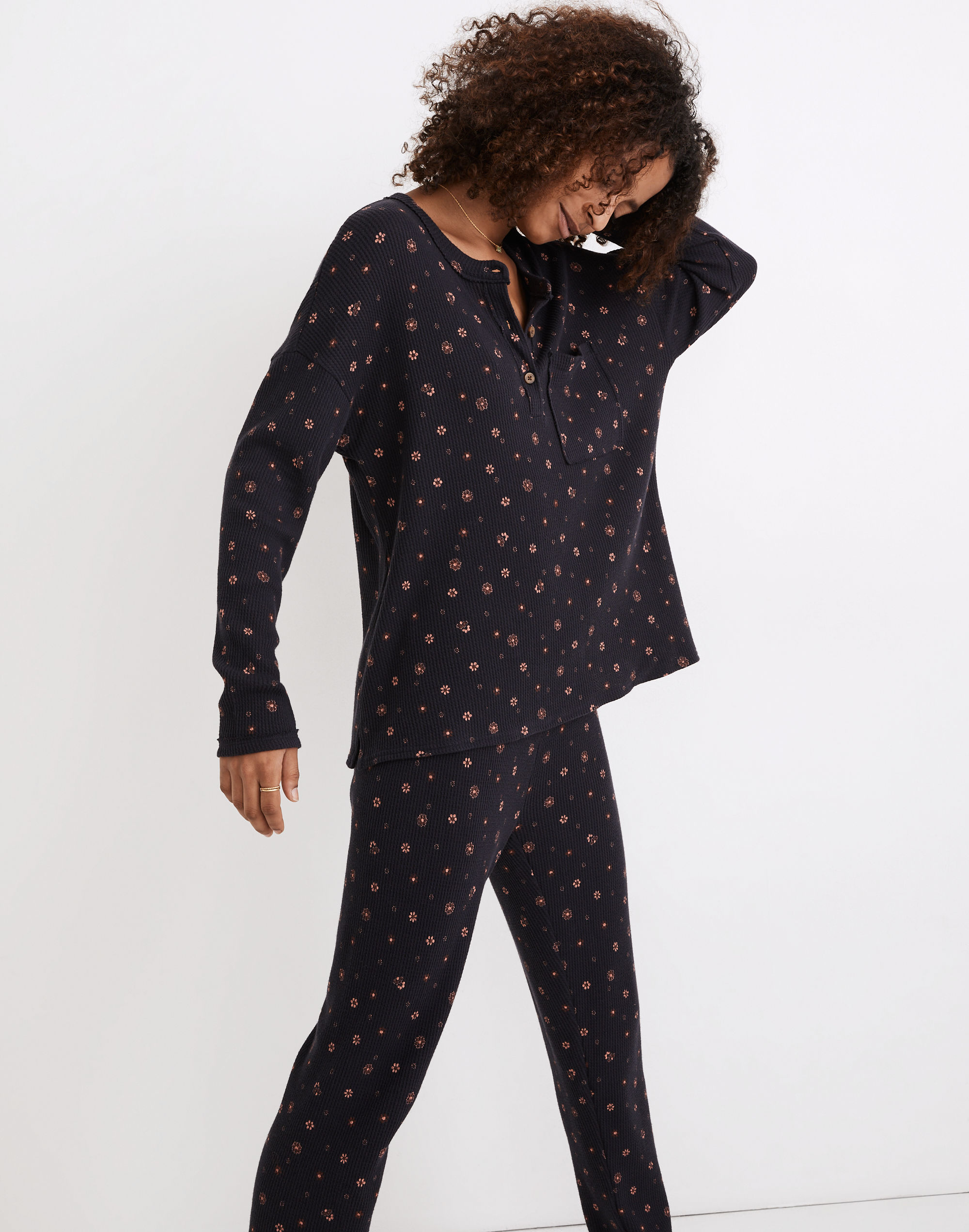 Waffle Knit Henley Pajama Top in Bandana Floral