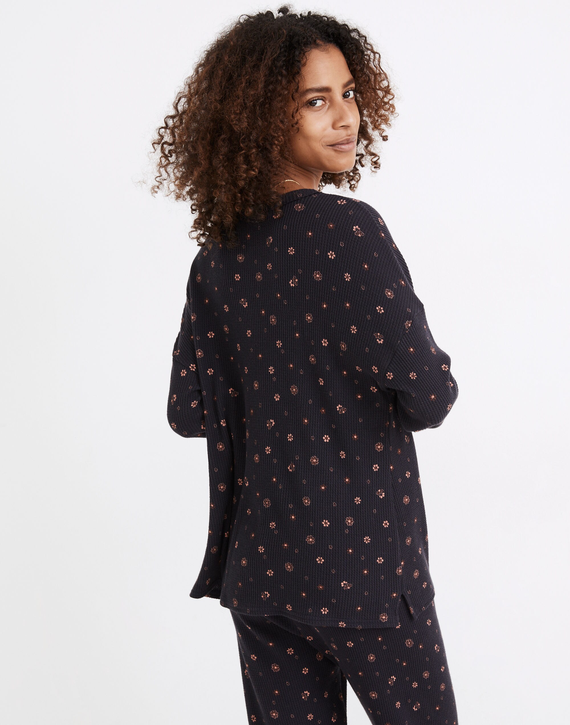 Waffle Knit Henley Pajama Top in Bandana Floral