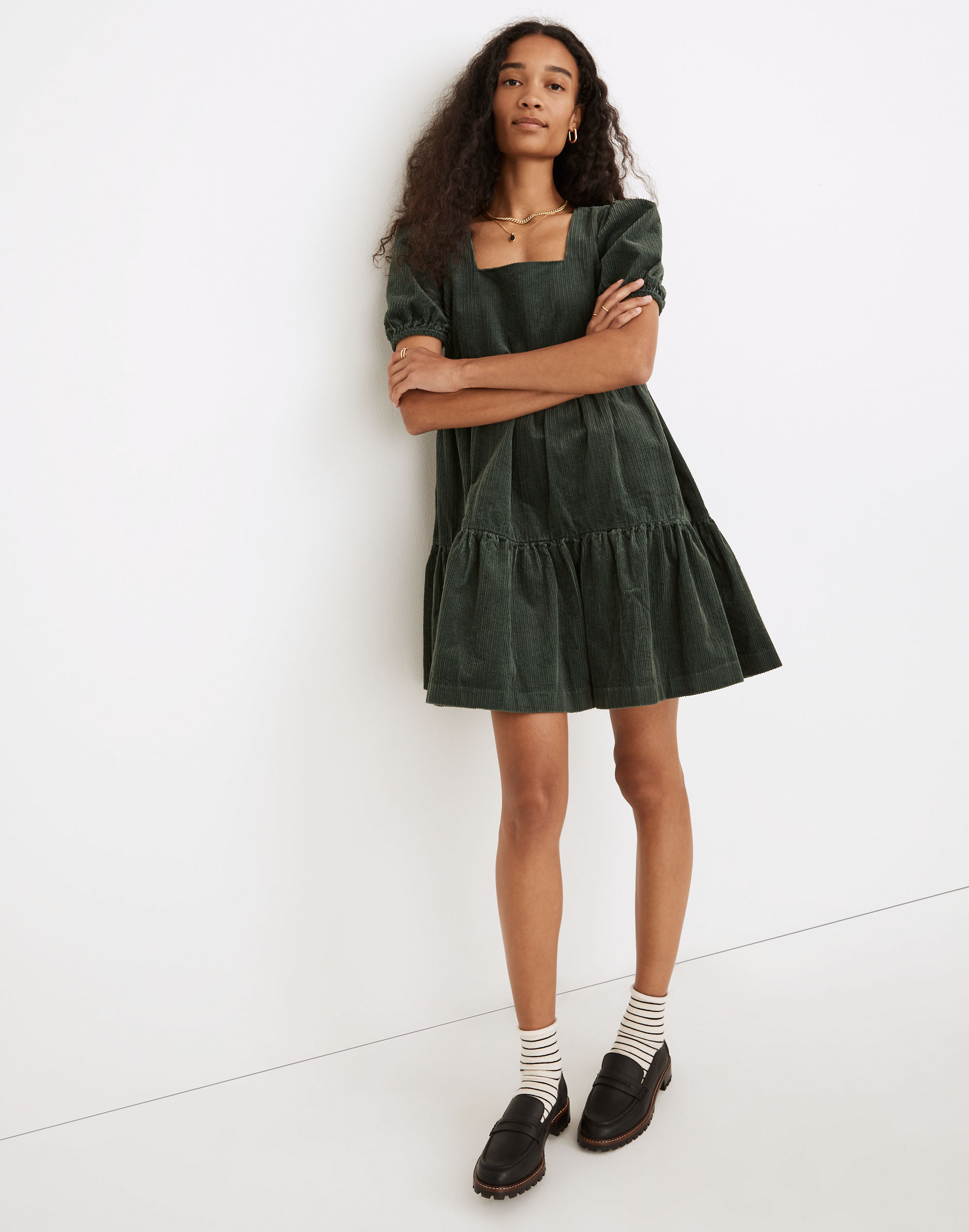 corduroy aidy square-neck tiered mini dress
