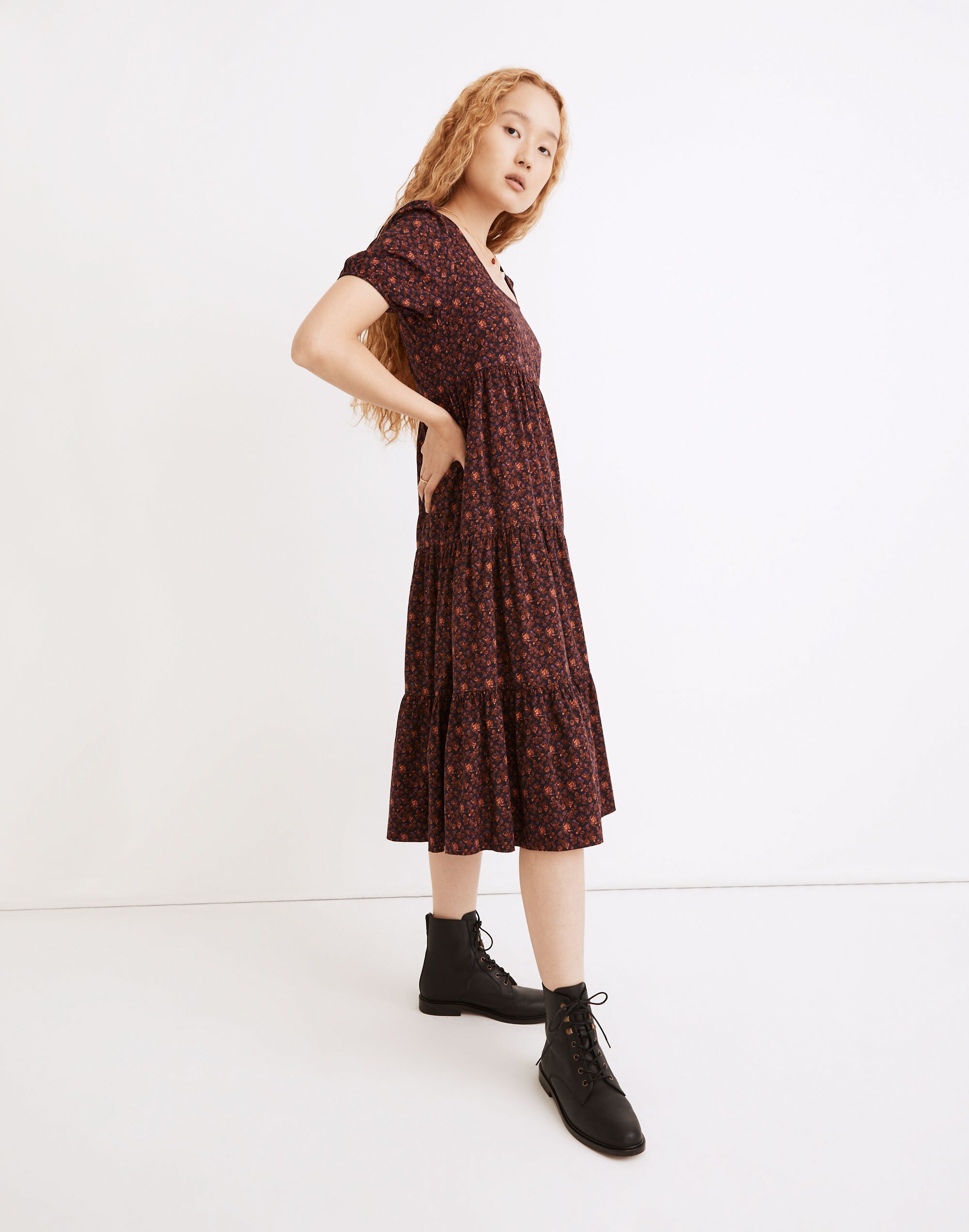 Aidy Square-Neck Tiered Midi Dress in Orchard Floral