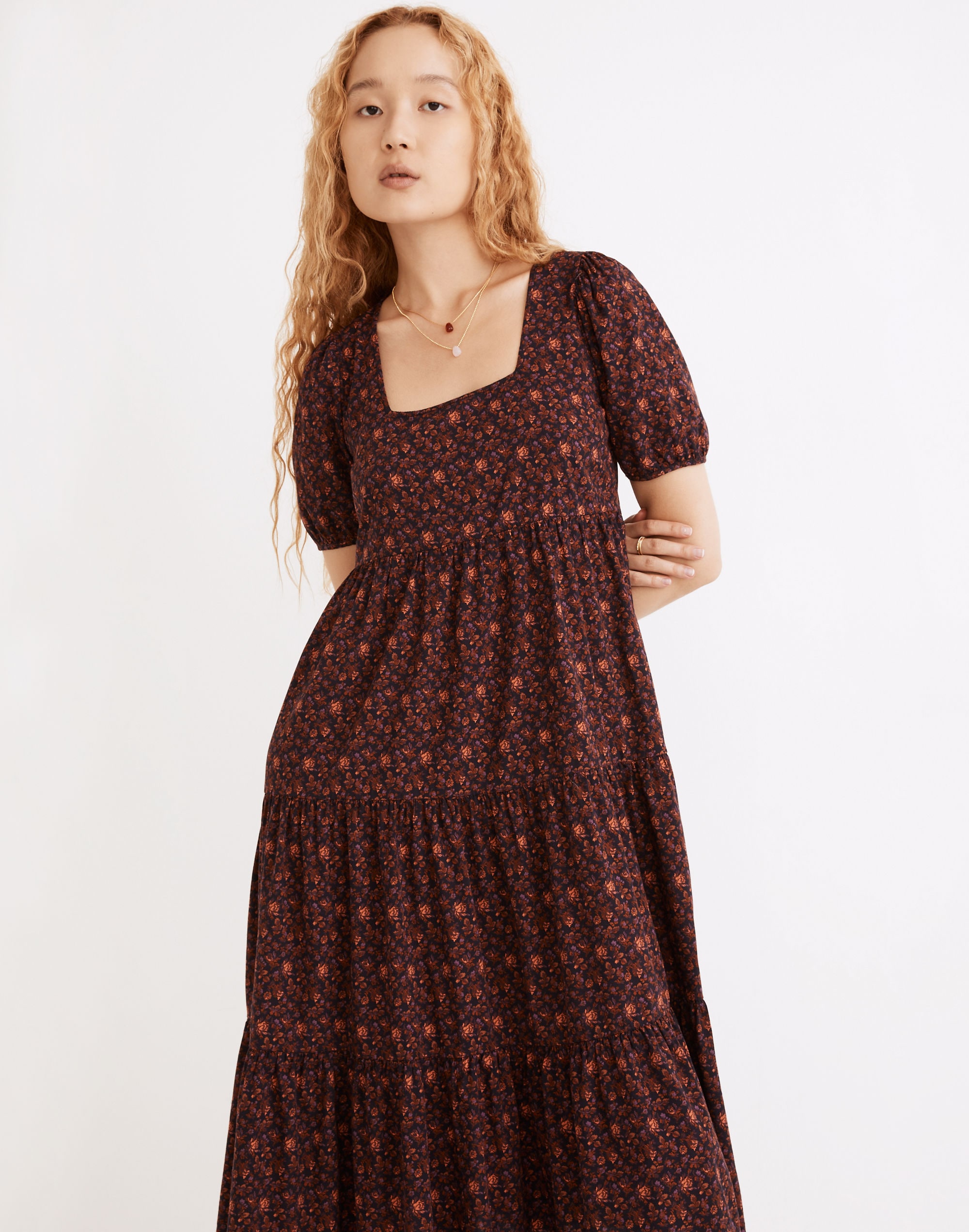 aidy square-neck tiered midi dress in orchard floral