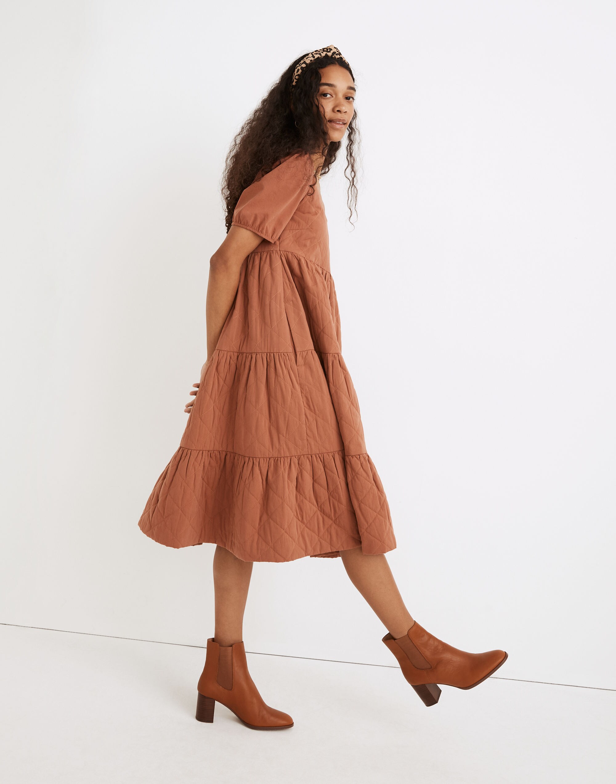 Quilted Aidy Square-Neck Tiered Midi Dress