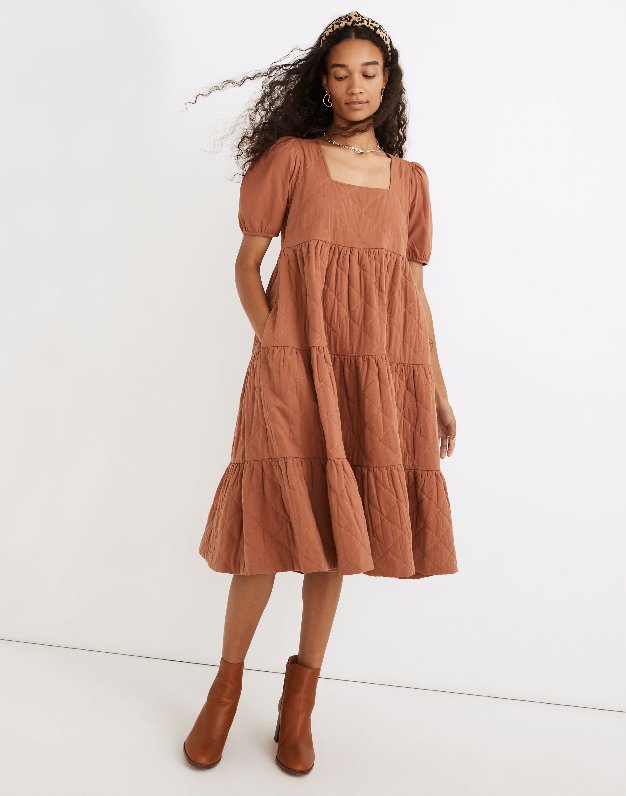 Quilted Aidy Square-Neck Tiered Midi Dress