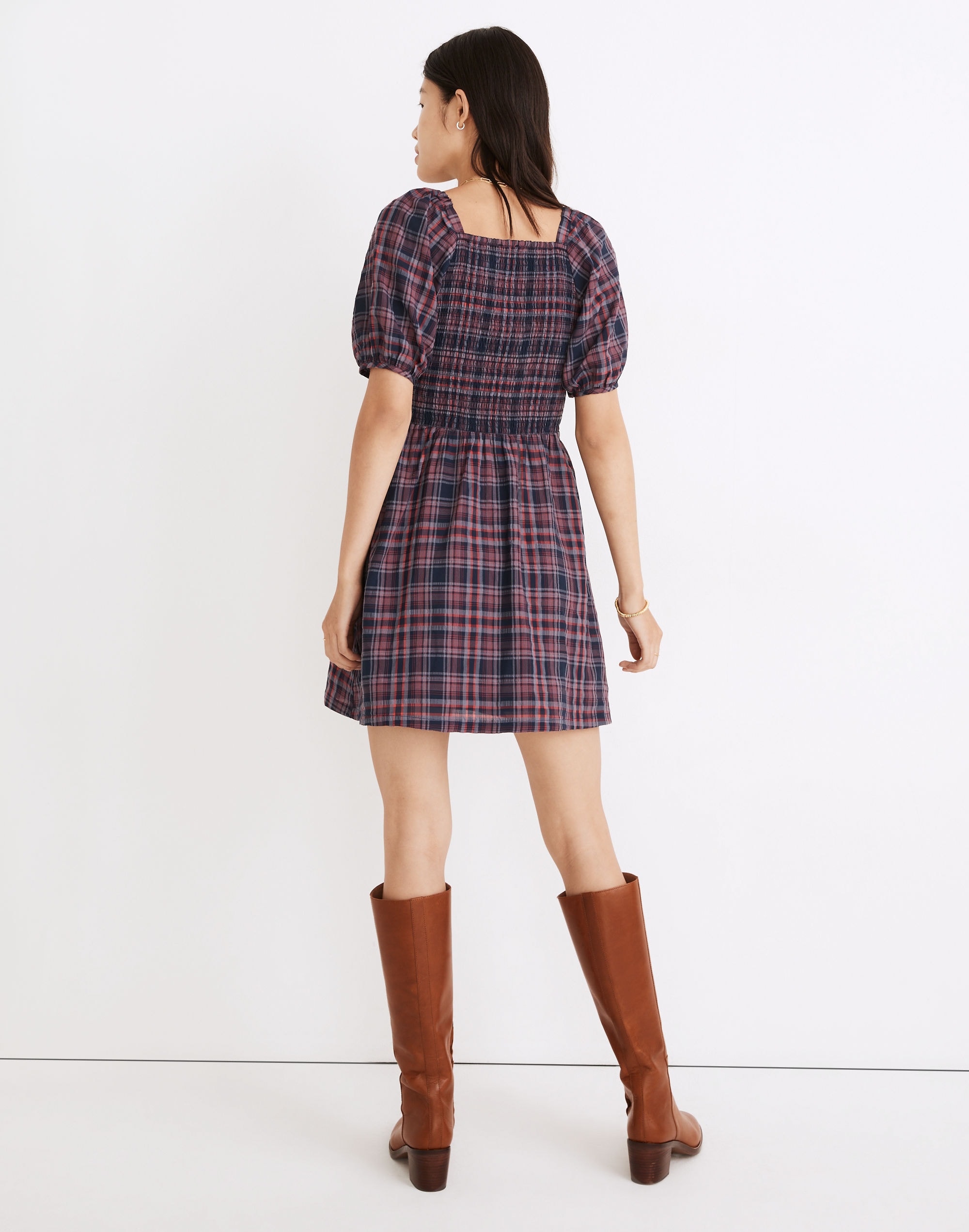 Rusty Mimi Smocked Mini Dress Java Plaid