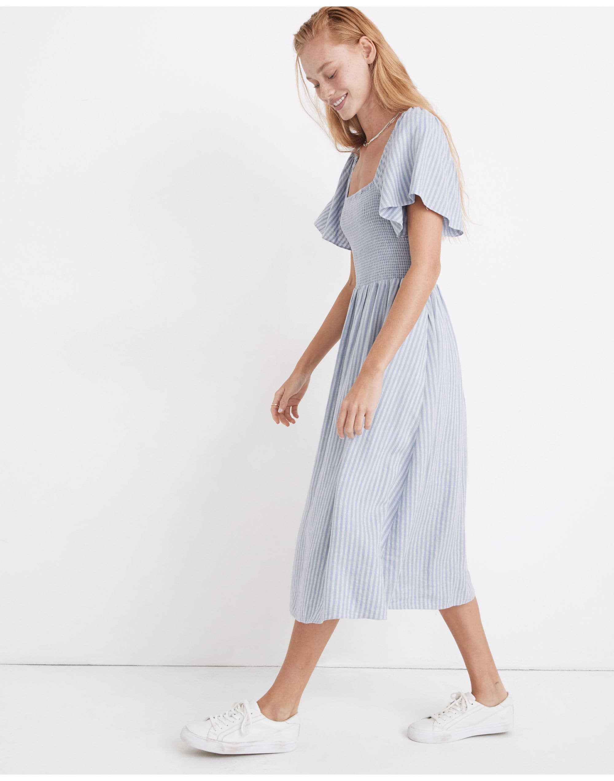 Linen-Blend Lucie Smocked Midi Dress in Stripe