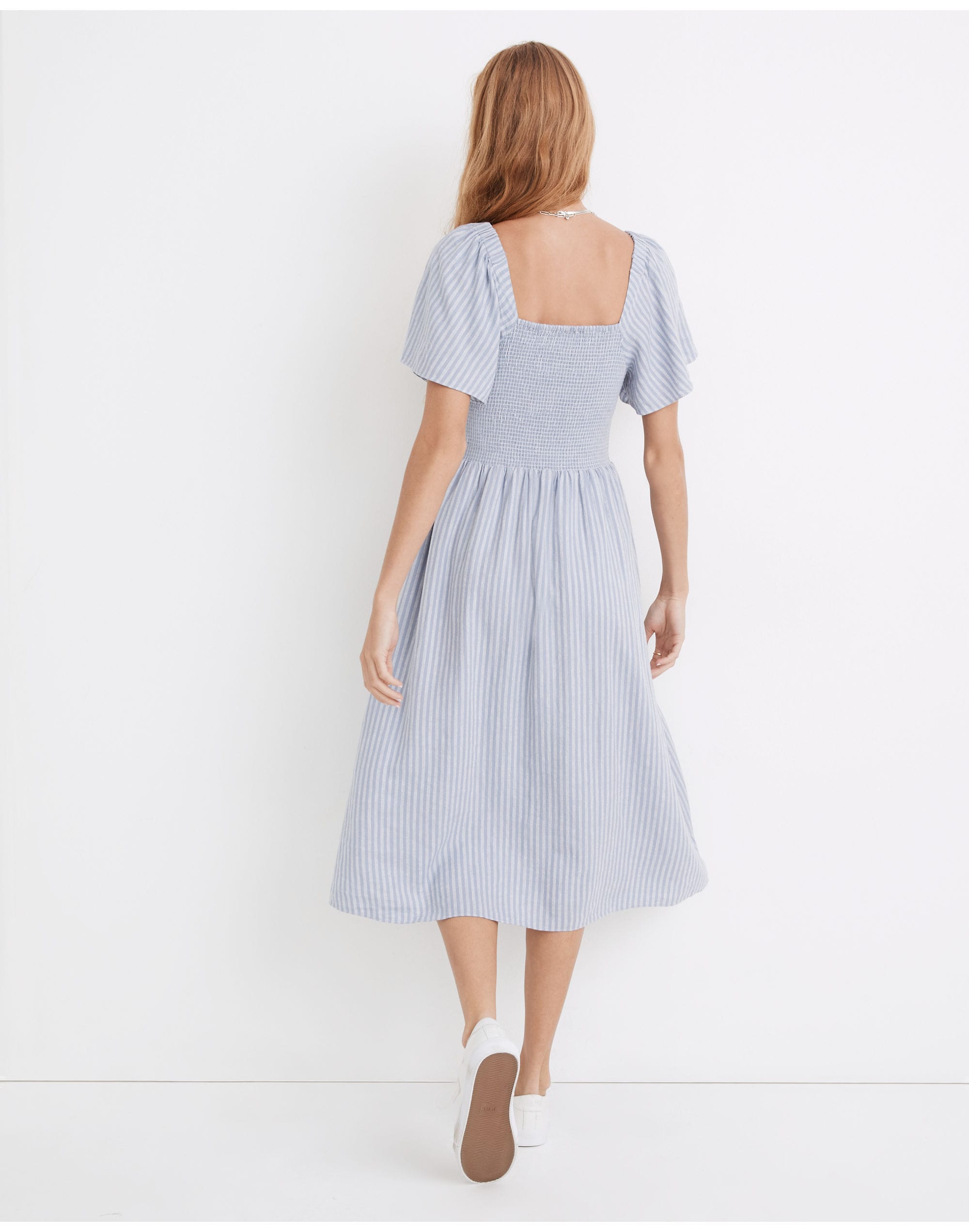 Linen-Blend Lucie Smocked Midi Dress in Stripe