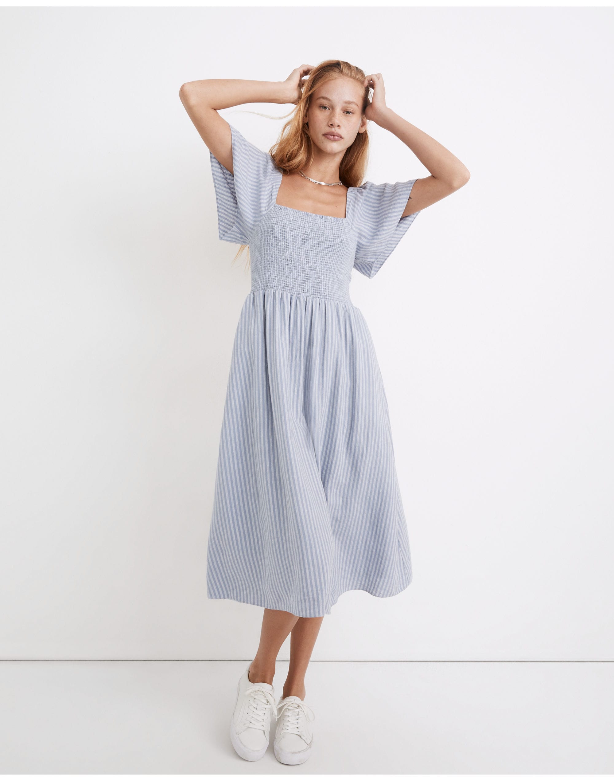 Linen-Blend Lucie Smocked Midi Dress in Stripe