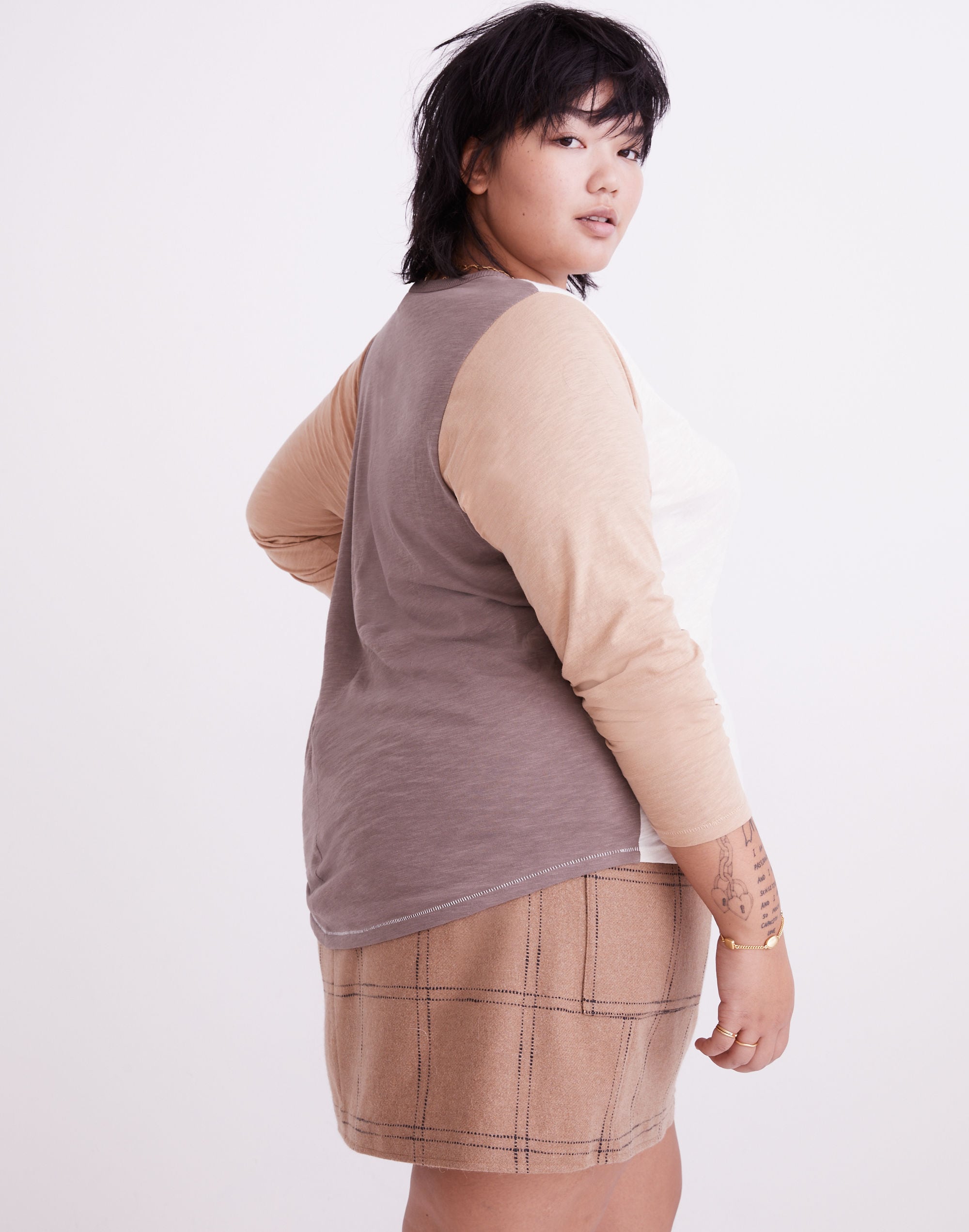 Plus Whisper Cotton Rib-Crewneck Long-Sleeve Tee in Colorblock