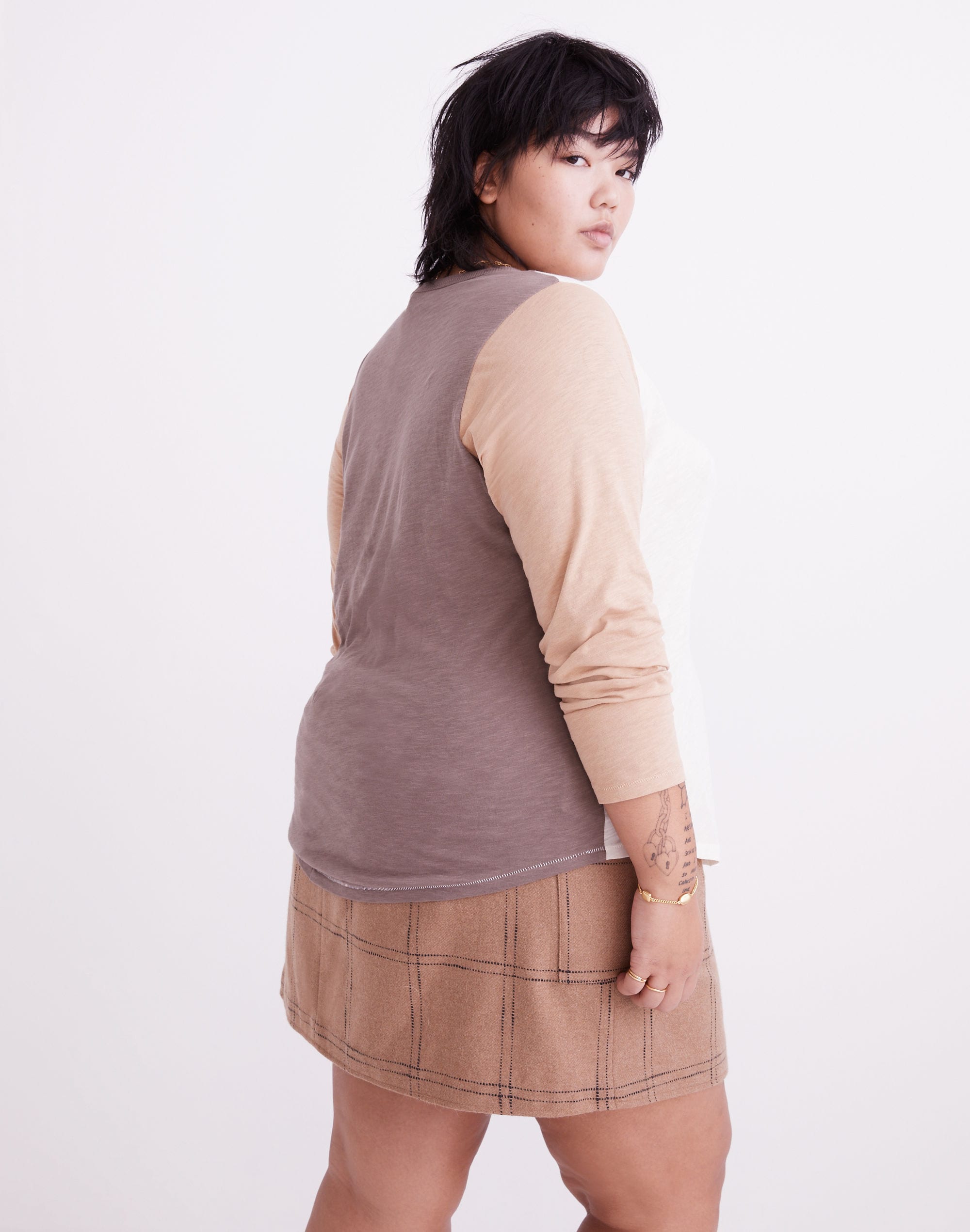 Plus Whisper Cotton Rib-Crewneck Long-Sleeve Tee in Colorblock